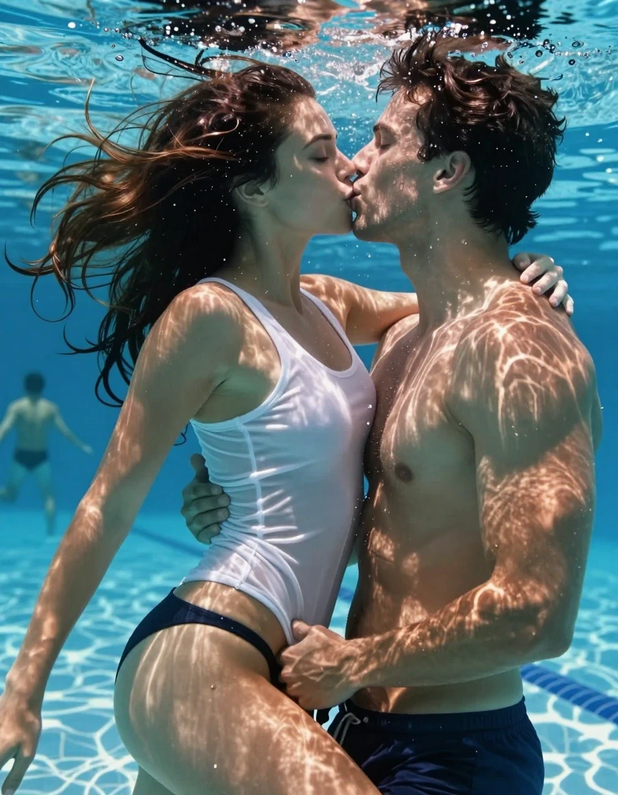 A hyper-realistic cinematic shot of a young adult European woman with tanned brown skin, fully submerged in an indoor swimming pool. She is topless, wearing a soaking-wet white tank top that is translucent and clings tightly to her body due to water saturation, and a black thong. Her hair is extremely wet, with strands matted and plastered across her face and head, glistening with water sheen. She is positioned underwater in front of a man, kissing him in a lascivious, exotic, and seductive manner, with her lips pressed against his swim trunks. The scene is filled with realistic underwater physics, showing her hair floating and drifting in the current. Other people are visible swimming in the background, blurred by the water's refraction. The lighting is bright, reflecting off the pool tiles and creating caustic patterns on their skin. High-detail skin texture, visible pores, droplets, and water refraction, 8k resolution, photorealistic, captured with a high-speed underwater camera, sharp focus on the intimate interaction.