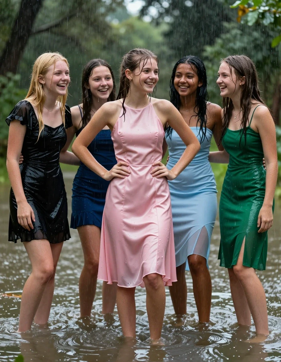photo of young woman, in soaking wet, drenched clothes,
, , dress, 4.college girls playing in a flooded forest in the heavy rain , 
enjoying, wet clothes stuck to body,
detailed textures of the wet clothes, wet face, wet plastered hair,
wet, drenched, professional, high-quality details, full body view.
sharp focus, ultra-high pixel detail, realistic, high-quality, full colors, incredibly detailed, 4k, 8k, 16k, hyper-realistic, RAW photo, masterpiece, ultra-detailed, professionally color graded, professional photograph, Small young college girls both having fun together. All a similar age, a small nineteen year old girl, with a flat and slim body, skinny body, flat and skinny chest, a She has a wide square young face but a small very skinny waist and skinny legs, a very small chest and very small breasts, she is a pale brunette with ponytail and bangs, She has a small body, She is full of youthful energy. wearing a pink formal satin cocktail dress with a high neckline. she has her hands on her hips,. Her friend has blonde hair and is quite skinny, ,a wide square face, she is wearing a fit black short sleeve coctail dress. The third girl is 19, with a tan complexion and dark black hair, she is wearing a pale blue straight strapless tube dress. The 4th girl is brunette with a small body and thin legs, she is wearing a green prom dress, all of them except the blonde girl have very small breasts. wet skin, wet clothes, damp fabric,, wet skin, wet clothes, damp fabric, wet skin, wet clothes, damp fabric, wet skin, wet clothes, damp fabric, wet skin, wet clothes, damp fabric, wet skin, wet clothes, damp fabric, wet skin, wet clothes, damp fabric, wet skin, wet clothes, damp fabric