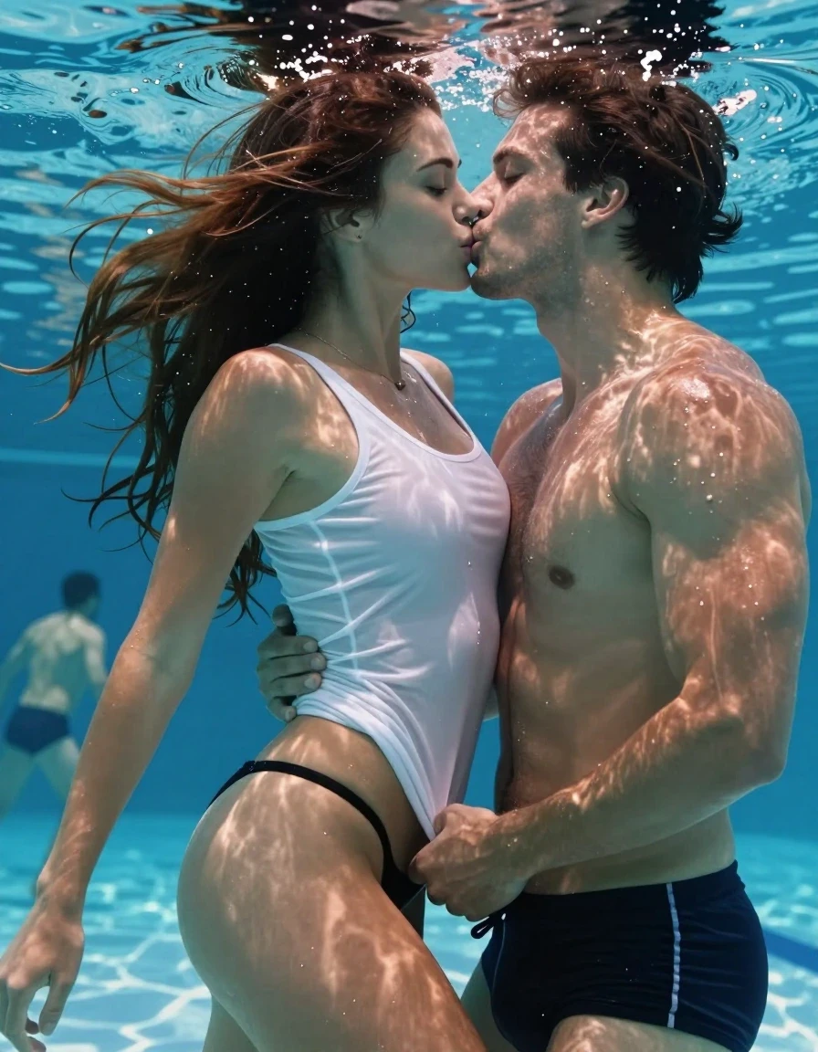 A photorealistic cinematic underwater shot of a young European woman with tanned brown skin, captured in an indoor pool. She is topless, wearing a soaking-wet, translucent white tank top that clings to her body, paired with a tiny black thong. Her long brown hair is completely saturated, slicked back, and plastered against her face and head by the water, with individual strands floating fluidly. She is positioned underwater in front of a man, engaged in a lascivious, exotic, and seductive kiss, pressing her lips against his swim trunks. Her skin is glistening with a deep wet sheen, and her expression is intensely alluring. The environment shows a crowded indoor pool with other people swimming in the background, visible through the water. The scene is lit by shimmering, caustic light filtering through the water surface, emphasizing the heavy wetness of her hair and the fabric of her soaked tank top. High-resolution underwater photography, sharp focus on the subjects, realistic water physics, hyper-detailed skin texture, cinematic lighting.
