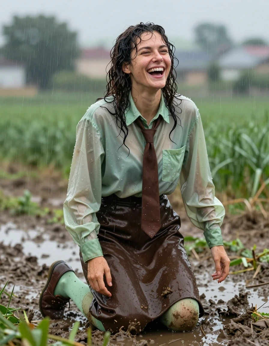 photo of young woman, in soaking wet, drenched clothes,
muddy brown court shoes, dark brown floor-length skirt, muddy light green stockings, oversized light green long-sleeved shirt, brown necktie, village fields during rainstorm, 
enjoying, wet clothes stuck to body,
detailed textures of the wet clothes, wet face, wet plastered hair,
wet, drenched, professional, high-quality details, full body view.
sharp focus, ultra-high pixel detail, realistic, high-quality, full colors, incredibly detailed, 4k, 8k, 16k, hyper-realistic, RAW photo, masterpiece, ultra-detailed, professionally color graded, professional photograph, late-30s curly haired brunette getting to her knees in the rain getting muddy, laughing in a post-orgasmic state, wet skin, wet clothes, damp fabric