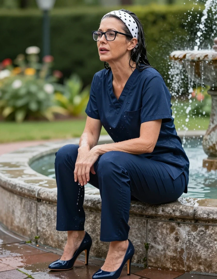 photo of young woman, in soaking wet, drenched clothes,
high-heeled shoes, dark blue shiny scrubs, dark blue shiny scrubs, sitting in the water fountain in the sunny garden, after bath , 
enjoying, wet clothes stuck to body,
detailed textures of the wet clothes, wet face, wet plastered hair,
wet, drenched, professional, high-quality details, full body view.
sharp focus, ultra-high pixel detail, realistic, high-quality, full colors, incredibly detailed, 4k, 8k, 16k, hyper-realistic, RAW photo, masterpiece, ultra-detailed, professionally color graded, professional photograph, europen brunette skinny woman 50 years old, long dark black hair, white polka-dot headband, office glasses, very big and thick lips, complete body, wet skin, wet clothes, damp fabric, wet skin, wet clothes, damp fabric, wet skin, wet clothes, damp fabric, wet skin, wet clothes, damp fabric, wet skin, wet clothes, damp fabric, wet skin, wet clothes, damp fabric, wet skin, wet clothes, damp fabric
