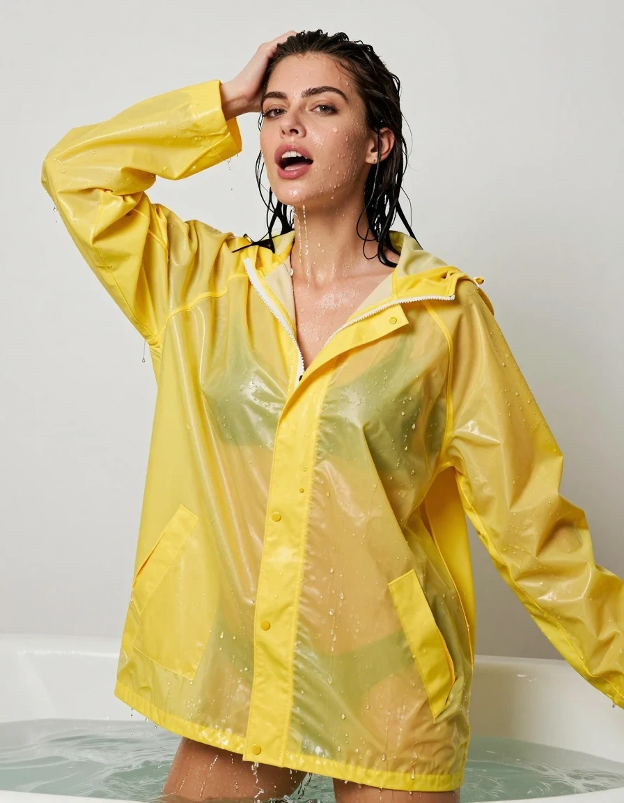 photo of young woman, in soaking wet, drenched clothes,
No socks , No underwear , Bright yellow see  through Oversized ultra light weight latex rainjacket zipped up. , In the over flowing bath tub soaking wet  emerging from beneath the water. , 
enjoying, wet clothes stuck to body,
detailed textures of the wet clothes, wet face, wet plastered hair,
wet, drenched, professional, high-quality details, full body view.
sharp focus, ultra-high pixel detail, realistic, high-quality, full colors, incredibly detailed, 4k, 8k, 16k, hyper-realistic, RAW photo, masterpiece, ultra-detailed, professionally color graded, professional photograph, Her black  hair is soaking wet and dripping with water. Her hair slicked back.  Her clothes are soaking wet and cling to her completely nude form. She's very aroused and happy, wet skin, wet clothes, damp fabric, wet skin, wet clothes, damp fabric