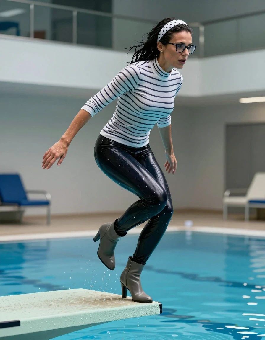 photo of young woman, in soaking wet, drenched clothes,
high-heeled gray boots, shiny dark black latex skinny jeans, shiny high-neck white and black striped t-shirt with long sleeves, jumping from the diving board into the water of the indoor pool, 
enjoying, wet clothes stuck to body,
detailed textures of the wet clothes, wet face, wet plastered hair,
wet, drenched, professional, high-quality details, full body view.
sharp focus, ultra-high pixel detail, realistic, high-quality, full colors, incredibly detailed, 4k, 8k, 16k, hyper-realistic, RAW photo, masterpiece, ultra-detailed, professionally color graded, professional photograph, european brunette skinny woman 50 years old, long dark black hair, white polka-dot headband, office glasses, very big and thick lips, complete body, wet skin, wet clothes, damp fabric, wet skin, wet clothes, damp fabric, wet skin, wet clothes, damp fabric, wet skin, wet clothes, damp fabric, wet skin, wet clothes, damp fabric, wet skin, wet clothes, damp fabric, wet skin, wet clothes, damp fabric