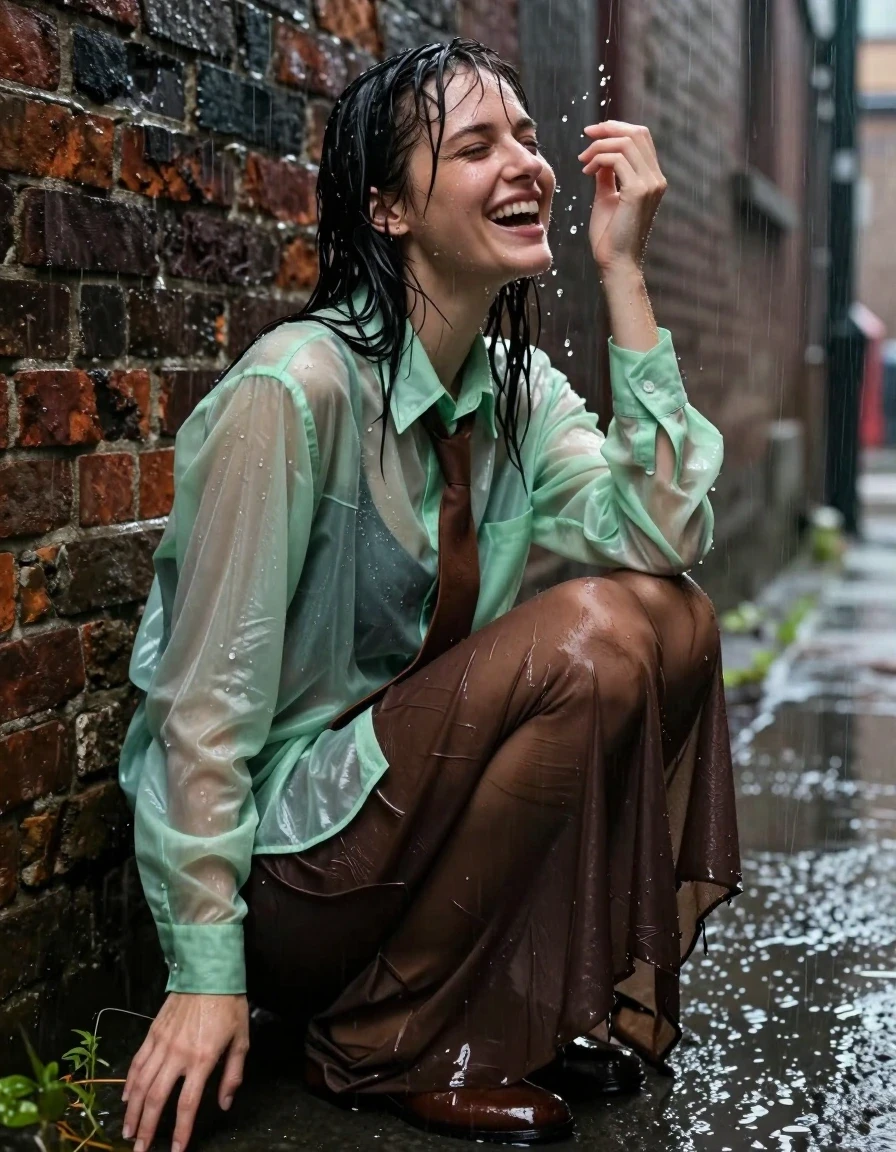 A photorealistic medium shot of a young adult European woman sitting against a brick wall in a narrow urban alley during a heavy rainstorm. She is wearing an oversized light green transparent long-sleeved shirt that is thoroughly soaked, clinging to her skin and revealing the texture of the fabric, paired with a brown necktie. She is wearing a dark brown floor-length skirt and sheer stockings, with the fabric of the skirt heavy and darkened by the water, clinging to her legs. She wears brown court shoes. Her skin and hair are glistening with water, with clear droplets and a distinct wet sheen. She has an intense, ecstatic expression, caught in a moment of overwhelming sensation from the downpour. The scene is strictly clean with no mud, only wet surfaces and water runoff. The lighting is moody and atmospheric, highlighting the glossy, damp textures of her clothing and skin. High-detail photography, sharp focus on the wet fabric textures, realistic water saturation, cinematic composition.