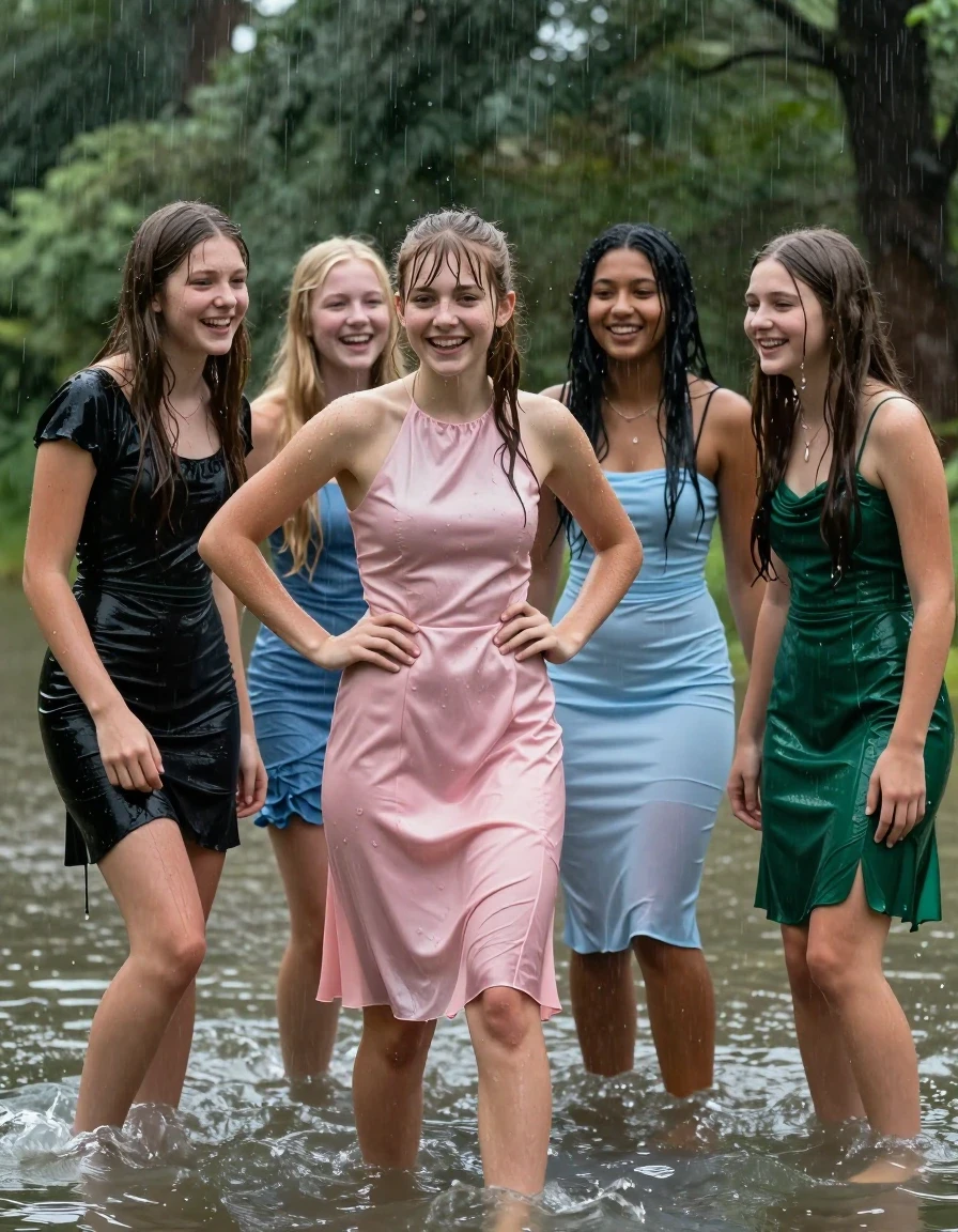 photo of young woman, in soaking wet, drenched clothes,
, , dress, 4.college girls playing in a flooded forest in the heavy rain , 
enjoying, wet clothes stuck to body,
detailed textures of the wet clothes, wet face, wet plastered hair,
wet, drenched, professional, high-quality details, full body view.
sharp focus, ultra-high pixel detail, realistic, high-quality, full colors, incredibly detailed, 4k, 8k, 16k, hyper-realistic, RAW photo, masterpiece, ultra-detailed, professionally color graded, professional photograph, Small young college girls both having fun together. All a similar age, a small nineteen year old girl, with a flat and slim body, skinny body, flat and skinny chest, a She has a wide square young face but a small very skinny waist and skinny legs, a very small chest and very small breasts, she is a pale brunette with ponytail and bangs, She has a small body, She is full of youthful energy. wearing a pink formal satin cocktail dress with a high neckline. she has her hands on her hips,. Her friend has blonde hair and is quite skinny, ,a wide square face, she is wearing a fit black short sleeve coctail dress. The third girl is 19, with a tan complexion and dark black hair, she is wearing a pale blue straight strapless tube dress. The 4th girl is brunette with a small body and thin legs, she is wearing a green prom dress, all of them except the blonde girl have very small breasts. wet skin, wet clothes, damp fabric,, wet skin, wet clothes, damp fabric, wet skin, wet clothes, damp fabric, wet skin, wet clothes, damp fabric, wet skin, wet clothes, damp fabric, wet skin, wet clothes, damp fabric, wet skin, wet clothes, damp fabric, wet skin, wet clothes, damp fabric