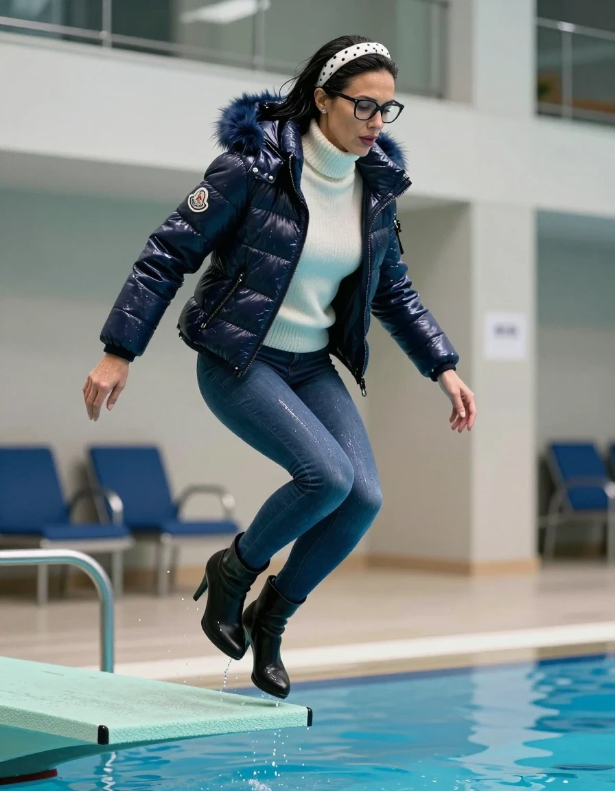 photo of young woman, in soaking wet, drenched clothes,
high-heeled boots, shiny blue skinny jeans, high-neck white sweater, dark blue Moncler Shiny puffer down jacket with fur, jumping from the diving board into the water of the indoor pool, 
enjoying, wet clothes stuck to body,
detailed textures of the wet clothes, wet face, wet plastered hair,
wet, drenched, professional, high-quality details, full body view.
sharp focus, ultra-high pixel detail, realistic, high-quality, full colors, incredibly detailed, 4k, 8k, 16k, hyper-realistic, RAW photo, masterpiece, ultra-detailed, professionally color graded, professional photograph, european brunette skinny woman 50 years old, long dark black hair, white polka-dot headband, office glasses, very big and thick lips, complete body, wet skin, wet clothes, damp fabric, wet skin, wet clothes, damp fabric, wet skin, wet clothes, damp fabric, wet skin, wet clothes, damp fabric, wet skin, wet clothes, damp fabric, wet skin, wet clothes, damp fabric, wet skin, wet clothes, damp fabric