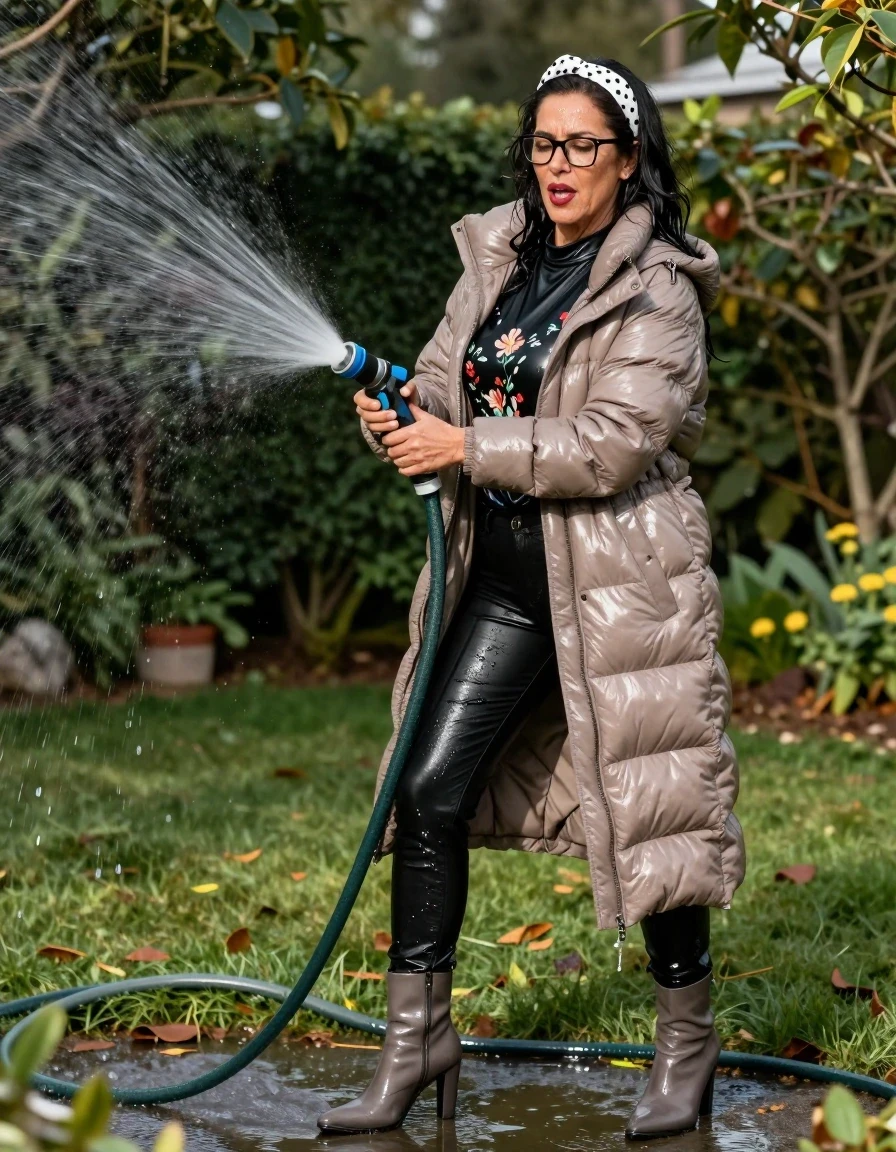 photo of young woman, in soaking wet, drenched clothes,
high-heeled gray boots, shiny black leather jeans, shiny high-neck black floral t-shirt with long sleeves, maxi light brown shiny down jacket, pouring water with the hose on, in sunny garden, 
enjoying, wet clothes stuck to body,
detailed textures of the wet clothes, wet face, wet plastered hair,
wet, drenched, professional, high-quality details, full body view.
sharp focus, ultra-high pixel detail, realistic, high-quality, full colors, incredibly detailed, 4k, 8k, 16k, hyper-realistic, RAW photo, masterpiece, ultra-detailed, professionally color graded, professional photograph, european brunette skinny woman 50 years old, long dark black hair, white polka-dot headband, office glasses, very big and thick lips, complete body, wet skin, wet clothes, damp fabric, wet skin, wet clothes, damp fabric, wet skin, wet clothes, damp fabric, wet skin, wet clothes, damp fabric, wet skin, wet clothes, damp fabric, wet skin, wet clothes, damp fabric, wet skin, wet clothes, damp fabric