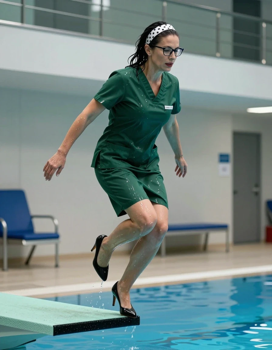 photo of young woman, in soaking wet, drenched clothes,
high-heeled shoes, dark green shiny scrubs with skirt, dark green shiny scrubs with skirt, jumping from the diving board into the water of the indoor pool, 
enjoying, wet clothes stuck to body,
detailed textures of the wet clothes, wet face, wet plastered hair,
wet, drenched, professional, high-quality details, full body view.
sharp focus, ultra-high pixel detail, realistic, high-quality, full colors, incredibly detailed, 4k, 8k, 16k, hyper-realistic, RAW photo, masterpiece, ultra-detailed, professionally color graded, professional photograph, europen brunette skinny woman 50 years old, long dark black hair, white polka-dot headband, office glasses, very big and thick lips, complete body, wet skin, wet clothes, damp fabric, wet skin, wet clothes, damp fabric, wet skin, wet clothes, damp fabric, wet skin, wet clothes, damp fabric, wet skin, wet clothes, damp fabric, wet skin, wet clothes, damp fabric, wet skin, wet clothes, damp fabric
