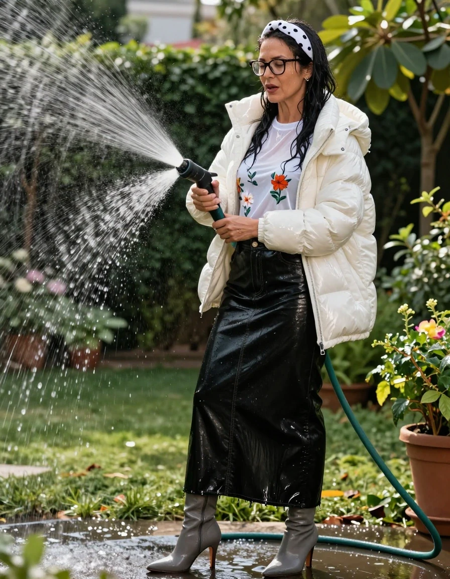 photo of young woman, in soaking wet, drenched clothes,
high-heeled gray boots, maxi shiny black leather denim skirt, shiny high-neck white floral t-shirt with long sleeves, maxi white shiny down jacket, pouring water with the hose on, in sunny garden, 
enjoying, wet clothes stuck to body,
detailed textures of the wet clothes, wet face, wet plastered hair,
wet, drenched, professional, high-quality details, full body view.
sharp focus, ultra-high pixel detail, realistic, high-quality, full colors, incredibly detailed, 4k, 8k, 16k, hyper-realistic, RAW photo, masterpiece, ultra-detailed, professionally color graded, professional photograph, european brunette skinny woman 50 years old, long dark black hair, white polka-dot headband, office glasses, very big and thick lips, complete body, wet skin, wet clothes, damp fabric, wet skin, wet clothes, damp fabric, wet skin, wet clothes, damp fabric, wet skin, wet clothes, damp fabric, wet skin, wet clothes, damp fabric, wet skin, wet clothes, damp fabric, wet skin, wet clothes, damp fabric