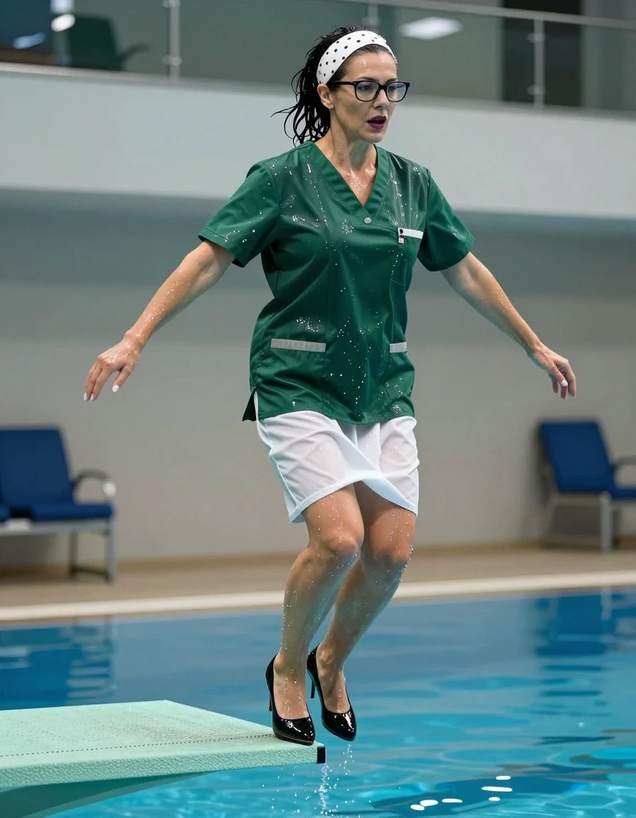 photo of young woman, in soaking wet, drenched clothes,
high-heeled shoes, green shiny scrubs with white skirt, green shiny scrubs with white skirt, jumping from the diving board into the water of the indoor pool, 
enjoying, wet clothes stuck to body,
detailed textures of the wet clothes, wet face, wet plastered hair,
wet, drenched, professional, high-quality details, full body view.
sharp focus, ultra-high pixel detail, realistic, high-quality, full colors, incredibly detailed, 4k, 8k, 16k, hyper-realistic, RAW photo, masterpiece, ultra-detailed, professionally color graded, professional photograph, europen brunette skinny woman 50 years old, long dark black hair, white polka-dot headband, office glasses, very big and thick lips, complete body, wet skin, wet clothes, damp fabric, wet skin, wet clothes, damp fabric, wet skin, wet clothes, damp fabric, wet skin, wet clothes, damp fabric, wet skin, wet clothes, damp fabric, wet skin, wet clothes, damp fabric, wet skin, wet clothes, damp fabric