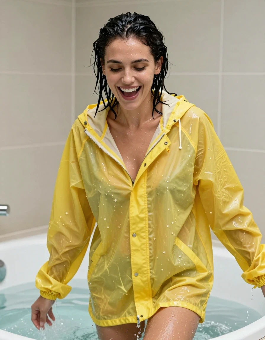 photo of young woman, in soaking wet, drenched clothes,
No socks , No underwear , Bright yellow see  through Oversized ultra light weight rainjacket zipped up. , In the over flowing bath tub soaking wet  emerging from beneath the water. , 
enjoying, wet clothes stuck to body,
detailed textures of the wet clothes, wet face, wet plastered hair,
wet, drenched, professional, high-quality details, full body view.
sharp focus, ultra-high pixel detail, realistic, high-quality, full colors, incredibly detailed, 4k, 8k, 16k, hyper-realistic, RAW photo, masterpiece, ultra-detailed, professionally color graded, professional photograph, Her black  hair is soaking wet and dripping with water. Her hair slicked back.  Her clothes are soaking wet and cling to her completely nude form. She's very aroused and happy, wet skin, wet clothes, damp fabric, wet skin, wet clothes, damp fabric