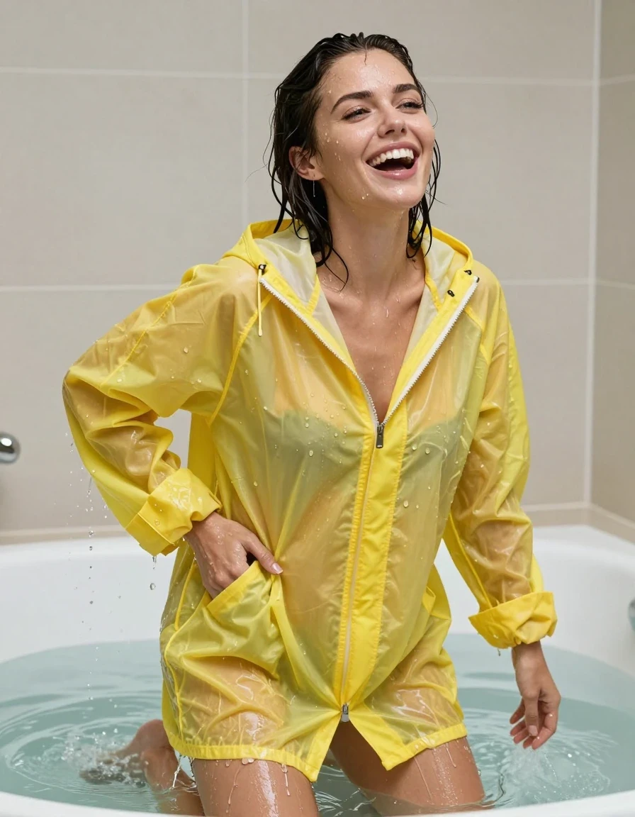 photo of young woman, in soaking wet, drenched clothes,
No socks , No underwear , Bright yellow see  through Oversized ultra light weight rainjacket zipped up. , In the over flowing bath tub soaking wet  emerging from beneath the water. , 
enjoying, wet clothes stuck to body,
detailed textures of the wet clothes, wet face, wet plastered hair,
wet, drenched, professional, high-quality details, full body view.
sharp focus, ultra-high pixel detail, realistic, high-quality, full colors, incredibly detailed, 4k, 8k, 16k, hyper-realistic, RAW photo, masterpiece, ultra-detailed, professionally color graded, professional photograph, Her black  hair is soaking wet and dripping with water. Her hair slicked back.  Her clothes are soaking wet and cling to her completely nude form. She's very aroused and happy, wet skin, wet clothes, damp fabric, wet skin, wet clothes, damp fabric