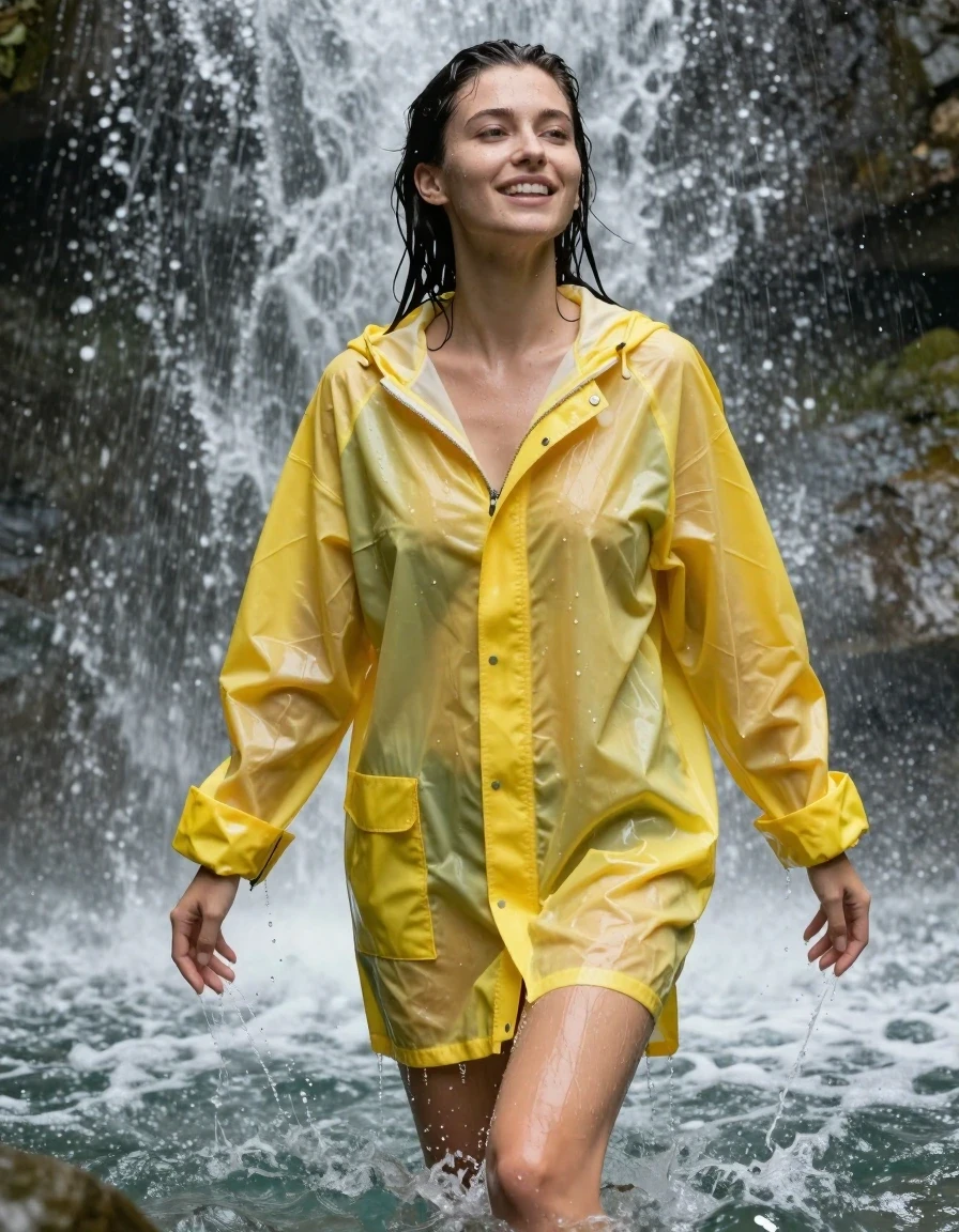 photo of young woman, in soaking wet, drenched clothes,
No socks , No underwear , Bright yellow see  through Oversized ultra light weight latex rainjacket zipped up. , In the over flowing waterfall tub soaking wet  emerging from beneath the water. , 
enjoying, wet clothes stuck to body,
detailed textures of the wet clothes, wet face, wet plastered hair,
wet, drenched, professional, high-quality details, full body view.
sharp focus, ultra-high pixel detail, realistic, high-quality, full colors, incredibly detailed, 4k, 8k, 16k, hyper-realistic, RAW photo, masterpiece, ultra-detailed, professionally color graded, professional photograph, Her black  hair is soaking wet and dripping with water. Her hair slicked back.  Her clothes are soaking wet and cling to her completely nude form. She's very aroused and happy, wet skin, wet clothes, damp fabric, wet skin, wet clothes, damp fabric