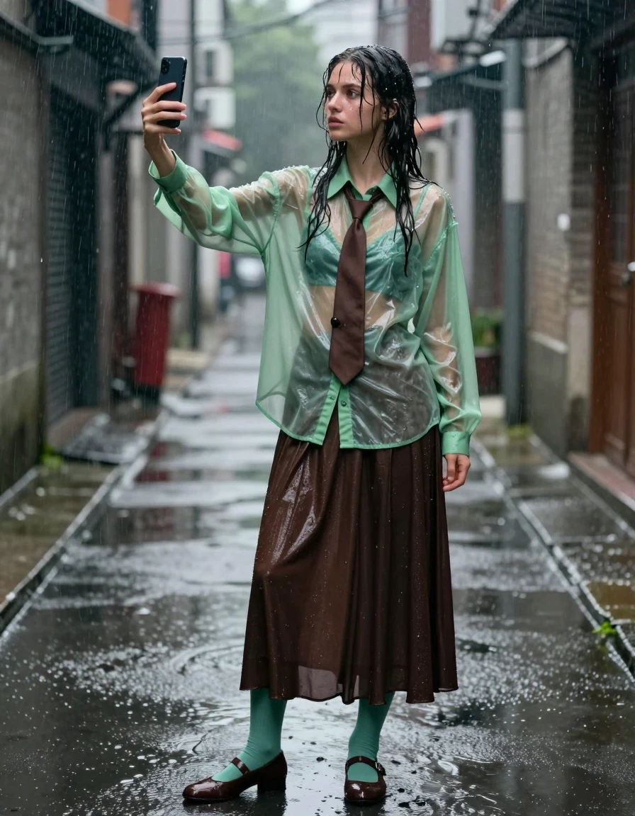 A young adult European woman taking a selfie with a selfie-stick in a narrow urban alley during a heavy rainstorm. She is wearing an oversized light green transparent long-sleeved shirt with a brown necktie, a dark brown floor-length skirt, and light green stockings, paired with brown court shoes. The clothing is completely drenched and heavy from the downpour, with the transparent shirt clinging to her skin and showing darker patches, while the skirt is soaked and heavy with deep, saturated fabric folds. Her hair and skin are glistening with rainwater, with visible sheen and droplets. The scene features realistic wetness throughout, with water-darkened textures, clinging fabric, and strong specular reflections on all surfaces. The lighting is moody and overcast, emphasizing the wet environment and the glossy texture of the soaked garments. High-quality photorealistic capture, detailed skin texture, cinematic atmosphere, sharp focus on the subject.