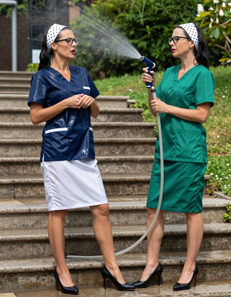 photo of young woman, in soaking wet, drenched clothes,
high-heeled shoes, dark blue shiny scrubs with white skirt, green shiny scrubs with skirt, on the sunny garden stairs, spraying with the hose, after bath , 
enjoying, wet clothes stuck to body,
detailed textures of the wet clothes, wet face, wet plastered hair,
wet, drenched, professional, high-quality details, full body view.
sharp focus, ultra-high pixel detail, realistic, high-quality, full colors, incredibly detailed, 4k, 8k, 16k, hyper-realistic, RAW photo, masterpiece, ultra-detailed, professionally color graded, professional photograph, two europen brunette skinny twin sisters women 50 years old, long dark black hair, white polka-dot headband, office glasses, very big and thick lips, complete body, wet skin, wet clothes, damp fabric, wet skin, wet clothes, damp fabric, wet skin, wet clothes, damp fabric, wet skin, wet clothes, damp fabric, wet skin, wet clothes, damp fabric, wet skin, wet clothes, damp fabric, wet skin, wet clothes, damp fabric