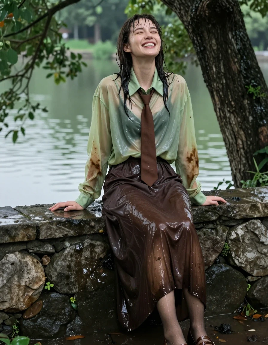 A photorealistic portrait of a young adult European woman with wet, glistening skin and damp hair, caught in a moment of intense pleasure and ecstasy. She is wearing an oversized sports jacket layered over an oversized light green transparent long-sleeved shirt, with a brown necktie neatly tucked in. Below, she wears a dark brown floor-length skirt and sheer stockings, paired with brown court shoes. Her clothing is heavily soaked, with the fabric clinging to her body, displaying dark, saturated patches, heavy wet folds, and a distinct water sheen that accentuates the texture of the materials. She is leaning against a stone wall under a large, leafy tree next to a serene lake. The environment is perfectly clean, with no mud present, only clear water saturation. The lighting is soft and natural, emphasizing the glossy, wet specular highlights on her skin and the darkened, water-heavy fabric of her clothes. Captured in a high-resolution, cinematic photographic style with sharp focus on her expressive face and the intricate textures of the wet garments.