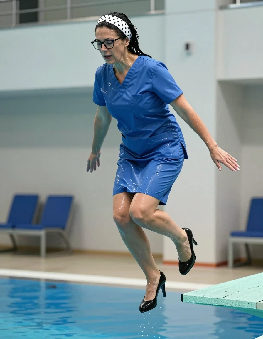 photo of young woman, in soaking wet, drenched clothes,
high-heeled shoes, blue shiny scrubs with skirt, blue shiny scrubs with skirt, jumping from the diving board into the water of the indoor pool, 
enjoying, wet clothes stuck to body,
detailed textures of the wet clothes, wet face, wet plastered hair,
wet, drenched, professional, high-quality details, full body view.
sharp focus, ultra-high pixel detail, realistic, high-quality, full colors, incredibly detailed, 4k, 8k, 16k, hyper-realistic, RAW photo, masterpiece, ultra-detailed, professionally color graded, professional photograph, europen brunette skinny woman 50 years old, long dark black hair, white polka-dot headband, office glasses, very big and thick lips, complete body, wet skin, wet clothes, damp fabric, wet skin, wet clothes, damp fabric, wet skin, wet clothes, damp fabric, wet skin, wet clothes, damp fabric, wet skin, wet clothes, damp fabric, wet skin, wet clothes, damp fabric, wet skin, wet clothes, damp fabric