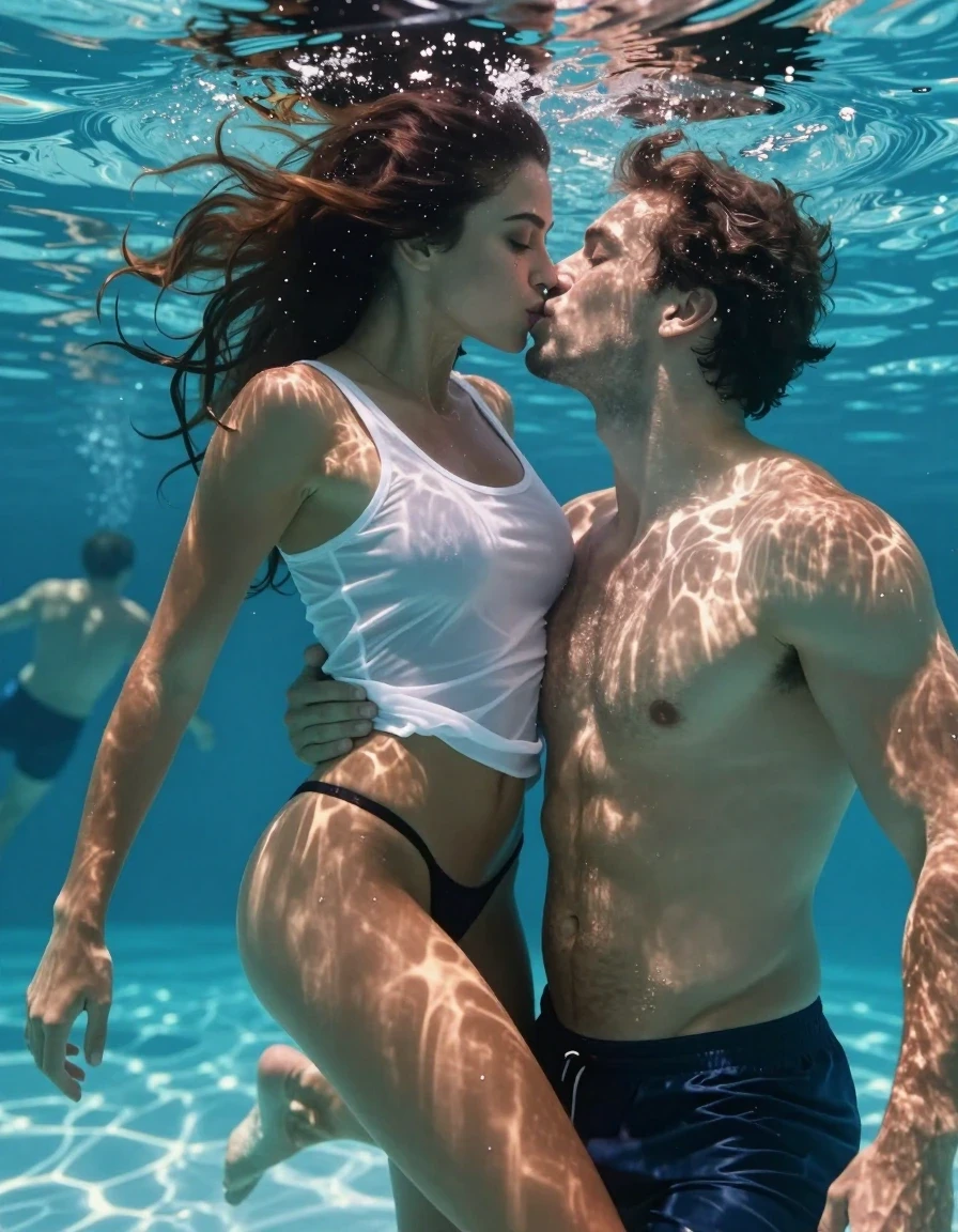 A hyper-realistic underwater cinematic shot of a young adult European woman with tanned brown skin, captured in a lush indoor pool. She is barefoot, wearing a sheer, soaking-wet white tank top that clings to her torso, revealing her topless state beneath, paired with a tiny black thong. The woman is submerged underwater, passionately and lasciviously kissing a man's bare chest near his swim trunks, her expression deeply seductive and exotic. Her hair is completely saturated, with wet strands plastered across her face and head, shimmering with underwater light. Her skin has a realistic, glistening wet sheen. In the background, other people are seen swimming through the turquoise water. The lighting is ethereal, filtering through the water surface to create soft caustic patterns on their skin. 8k resolution, highly detailed skin pores, realistic water refraction, volumetric lighting, photorealistic, cinematic composition.
