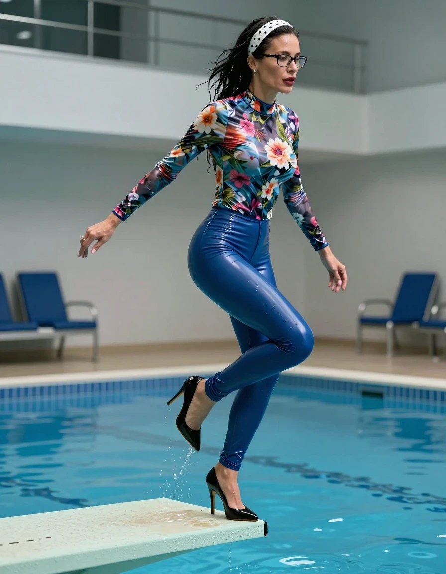 photo of young woman, in soaking wet, drenched clothes,
high-heeled shoes, shiny blue latex skinny jeans, shiny high-neck floral t-shirt with long sleeves, jumping from the diving board into the water of the indoor pool, 
enjoying, wet clothes stuck to body,
detailed textures of the wet clothes, wet face, wet plastered hair,
wet, drenched, professional, high-quality details, full body view.
sharp focus, ultra-high pixel detail, realistic, high-quality, full colors, incredibly detailed, 4k, 8k, 16k, hyper-realistic, RAW photo, masterpiece, ultra-detailed, professionally color graded, professional photograph, european brunette skinny woman 50 years old, long dark black hair, white polka-dot headband, office glasses, very big and thick lips, complete body, wet skin, wet clothes, damp fabric, wet skin, wet clothes, damp fabric, wet skin, wet clothes, damp fabric, wet skin, wet clothes, damp fabric, wet skin, wet clothes, damp fabric, wet skin, wet clothes, damp fabric, wet skin, wet clothes, damp fabric