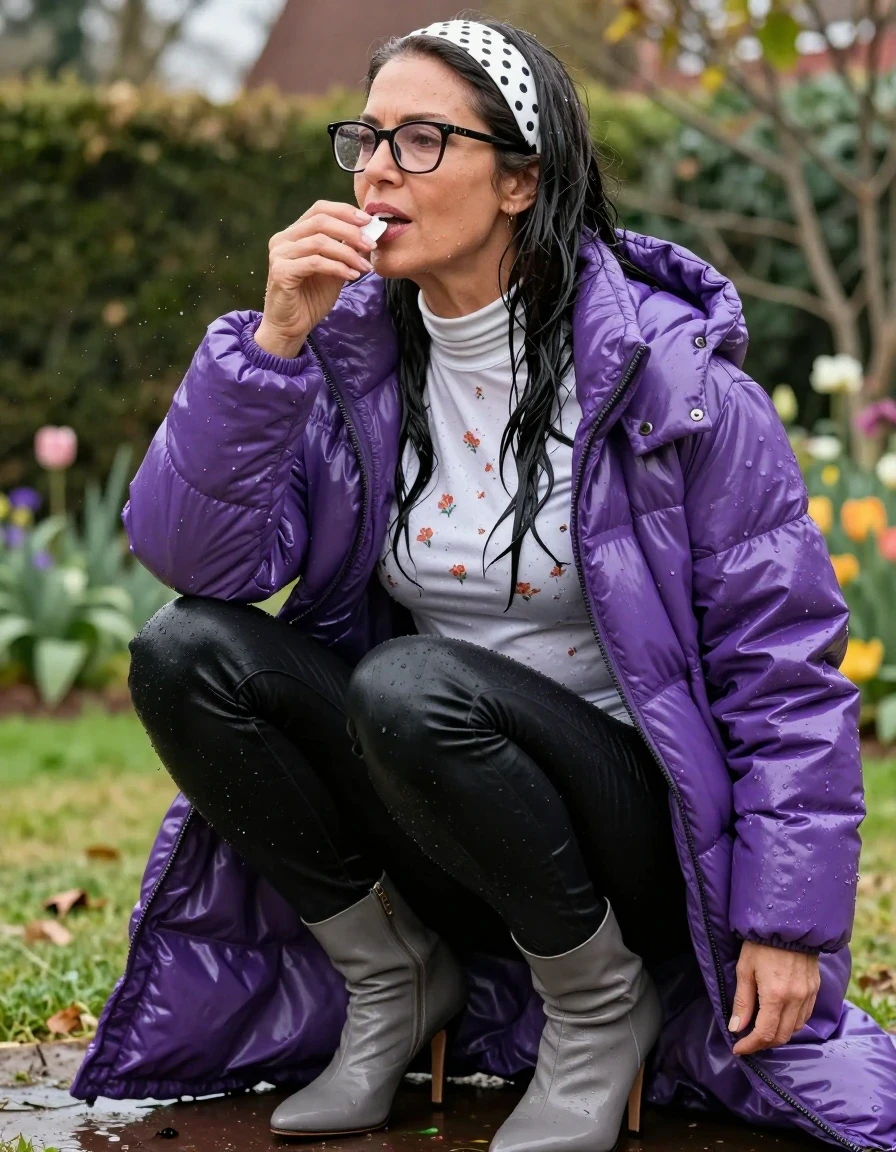 photo of young woman, in soaking wet, drenched clothes,
high-heeled gray boots, shiny black leather jeans, shiny high-neck white floral t-shirt with long sleeves, maxi purple shiny down jacket, in sunny garden, 
enjoying, wet clothes stuck to body,
detailed textures of the wet clothes, wet face, wet plastered hair,
wet, drenched, professional, high-quality details, full body view.
sharp focus, ultra-high pixel detail, realistic, high-quality, full colors, incredibly detailed, 4k, 8k, 16k, hyper-realistic, RAW photo, masterpiece, ultra-detailed, professionally color graded, professional photograph, european brunette skinny woman 50 years old, long dark black hair, white polka-dot headband, office glasses, very big and thick lips, complete body, wet skin, wet clothes, damp fabric, wet skin, wet clothes, damp fabric, wet skin, wet clothes, damp fabric, wet skin, wet clothes, damp fabric, wet skin, wet clothes, damp fabric, wet skin, wet clothes, damp fabric, wet skin, wet clothes, damp fabric