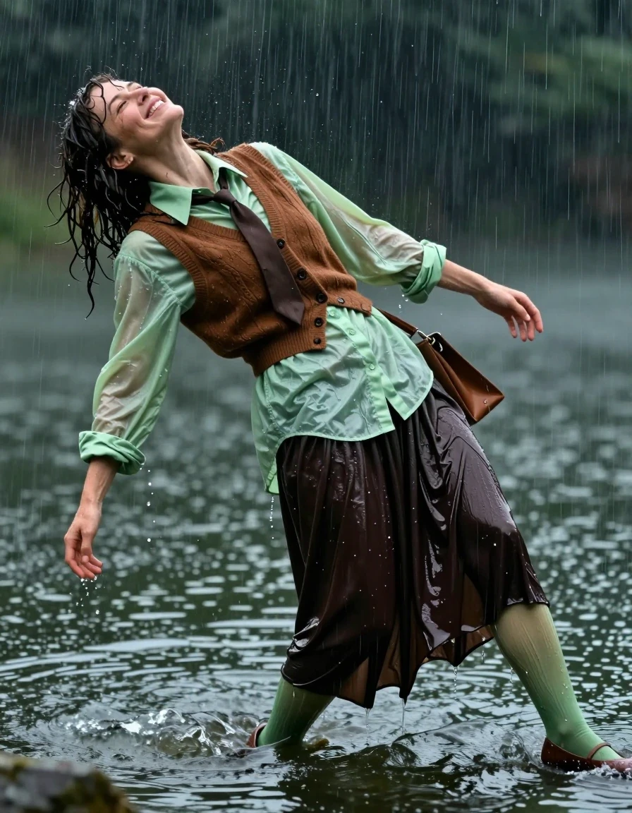 A photorealistic, high-detail shot of a late-30s European woman with curly brunette hair, caught in the middle of losing her balance and falling backward into a shallow lake during a heavy rainstorm. Her expression is one of intense, overwhelming pleasure, eyes half-closed, head tilted back. She is wearing an oversized light green long-sleeved shirt worn over a brown cashmere vest, with a brown necktie tucked in, and a dark brown floor-length skirt. She is holding a brown handbag. Underneath the skirt, her legs are covered in light green stockings, ending in brown court shoes. Every garment is visibly soaking wet: the heavy cashmere vest is darkened and clinging to her torso, the oversized shirt is translucent and heavy with water, the skirt is saturated and clinging to her legs, and the stockings are darkened and sheer. Her hair is plastered to her face and shoulders, glistening with rainwater. The scene is captured with water droplets splashing around her as she tips into the water. High-contrast cinematic lighting, dramatic rain streaks, hyper-realistic wet skin texture, water sheen on all surfaces, deep saturated fabric colors, sharp focus, 8k resolution, professional photography.