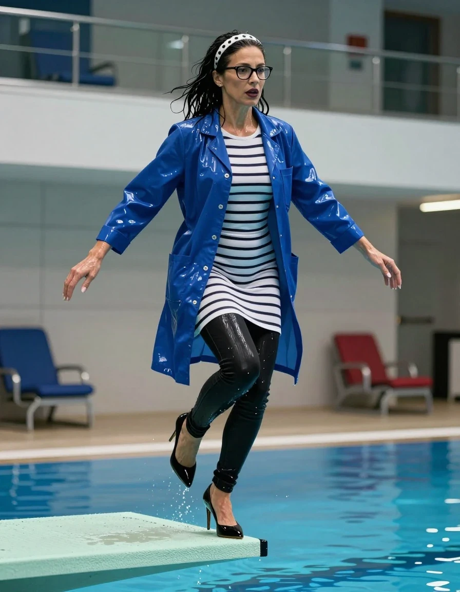 photo of young woman, in soaking wet, drenched clothes,
high-heeled shoes, long black shiny tight jeans, long shiny white & black striped t-shirt dress with long sleeves, blue shiny labcoat, jumping from the diving board into the water of the indoor pool, 
enjoying, wet clothes stuck to body,
detailed textures of the wet clothes, wet face, wet plastered hair,
wet, drenched, professional, high-quality details, full body view.
sharp focus, ultra-high pixel detail, realistic, high-quality, full colors, incredibly detailed, 4k, 8k, 16k, hyper-realistic, RAW photo, masterpiece, ultra-detailed, professionally color graded, professional photograph, europen brunette skinny woman 50 years old, long dark black hair, white polka-dot headband, office glasses, very big and thick lips, complete body, wet skin, wet clothes, damp fabric, wet skin, wet clothes, damp fabric, wet skin, wet clothes, damp fabric, wet skin, wet clothes, damp fabric, wet skin, wet clothes, damp fabric, wet skin, wet clothes, damp fabric, wet skin, wet clothes, damp fabric