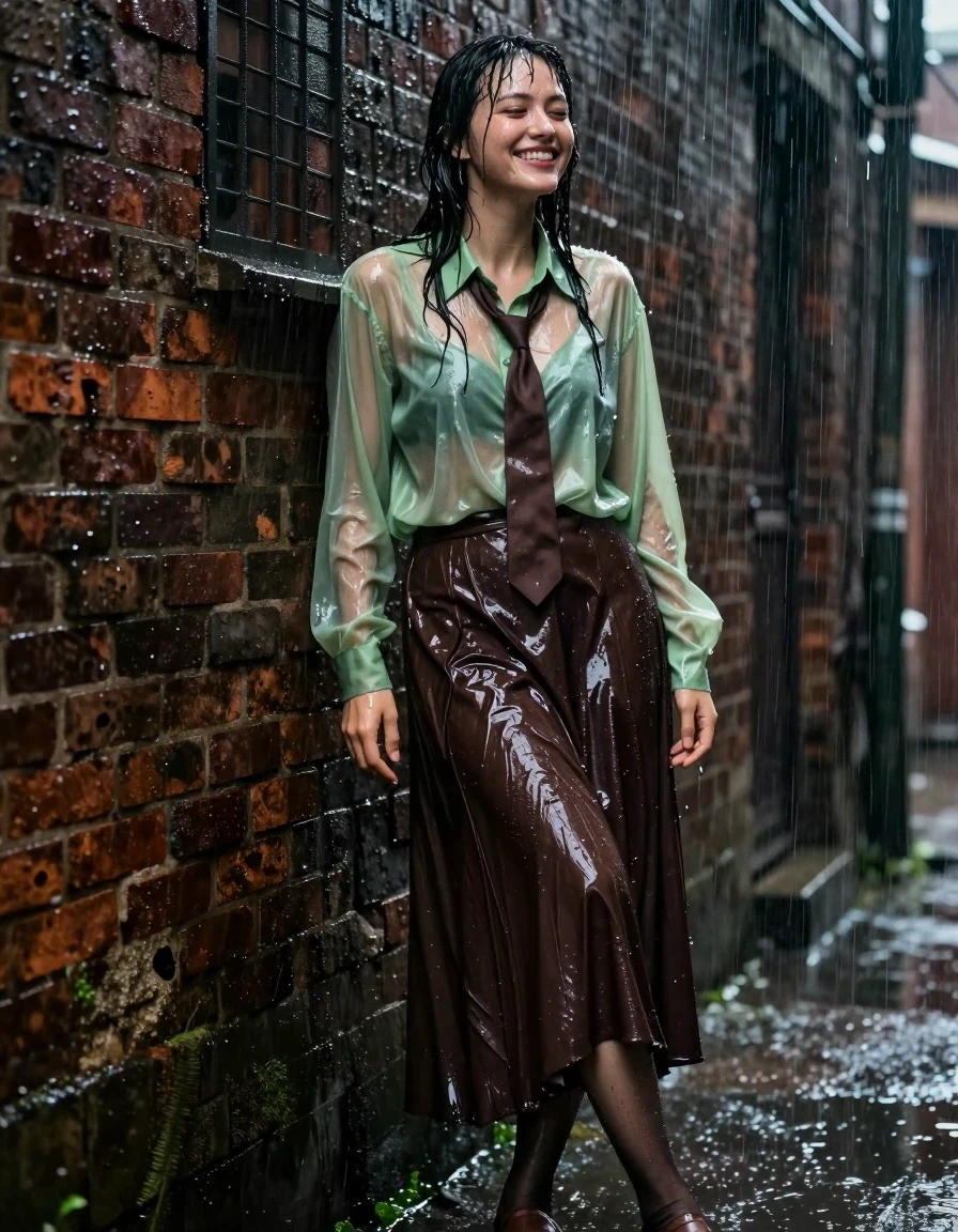 A photorealistic medium shot of a young adult European woman in a dark alleyway during a heavy rainstorm. She is wearing an oversized light green transparent long-sleeved shirt that is drenched and clinging to her skin, worn over a brown necktie. She wears a dark brown floor-length skirt made of heavy fabric that is soaking wet, darkened to a deep espresso hue with heavy, water-logged folds and clinging texture, paired with sheer dark stockings and brown court shoes. The woman is leaning against a brick wall, her hair and skin glistening with water sheen, her expression one of intense, ecstatic pleasure as she is soaked by the downpour. The scene is characterized by wet surfaces, water cascading down her body, and glossy highlights on her damp skin and clothing. No mud or dirt present, only pristine water-saturated textures. Cinematic lighting, sharp focus on the subject, hyper-realistic water droplets and fabric weight, 8k resolution, professional photography.