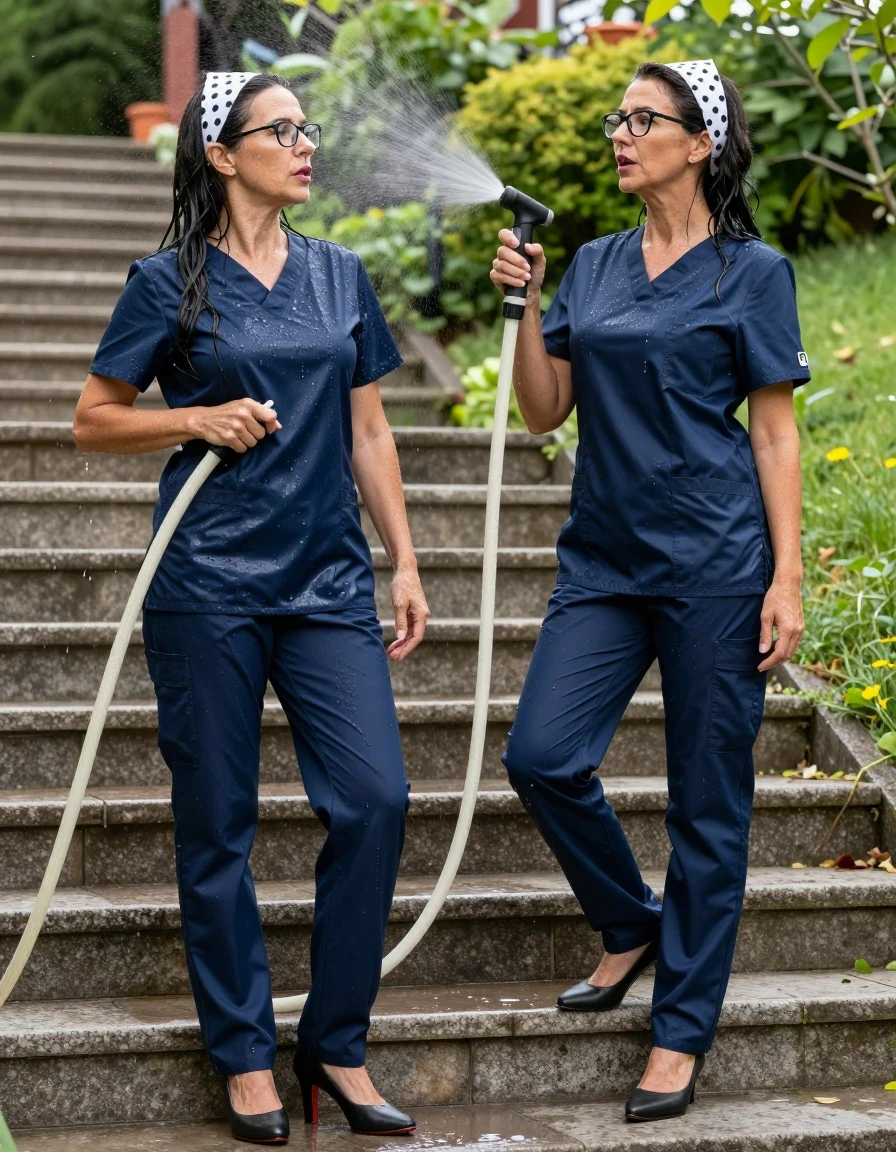photo of young woman, in soaking wet, drenched clothes,
high-heeled shoes, dark blue shiny scrubs, black shiny scrubs, on the sunny garden stairs, spraying with the hose, after bath , 
enjoying, wet clothes stuck to body,
detailed textures of the wet clothes, wet face, wet plastered hair,
wet, drenched, professional, high-quality details, full body view.
sharp focus, ultra-high pixel detail, realistic, high-quality, full colors, incredibly detailed, 4k, 8k, 16k, hyper-realistic, RAW photo, masterpiece, ultra-detailed, professionally color graded, professional photograph, two europen brunette skinny twin sisters women 50 years old, long dark black hair, white polka-dot headband, office glasses, very big and thick lips, complete body, wet skin, wet clothes, damp fabric, wet skin, wet clothes, damp fabric, wet skin, wet clothes, damp fabric, wet skin, wet clothes, damp fabric, wet skin, wet clothes, damp fabric, wet skin, wet clothes, damp fabric, wet skin, wet clothes, damp fabric