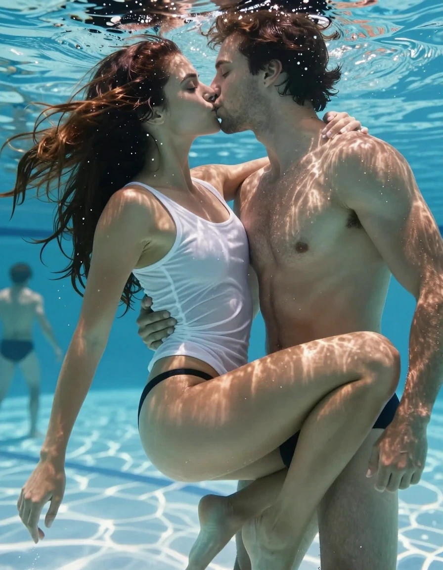 A photorealistic, cinematic shot of a young adult European woman with tanned brown skin, captured underwater in a bright indoor pool. She is barefoot, wearing a soaking-wet, translucent white tank top that clings to her body, paired with a black thong. Her long brown hair is completely saturated, with wet strands plastered across her face and head, glistening with water sheen. She is in an intimate, lascivious, and exotic pose, kissing a man underwater; her lips are pressed against his, and she is playfully kissing his swimwear. The water is clear, with other people swimming in the blurred background. The scene is highly detailed, emphasizing the texture of wet fabric, the glistening, hydrated skin, and the refractive play of light through the water. Cinematic lighting, hyper-realistic water physics, 8k resolution, professional photography, focus on the erotic and seductive atmosphere.