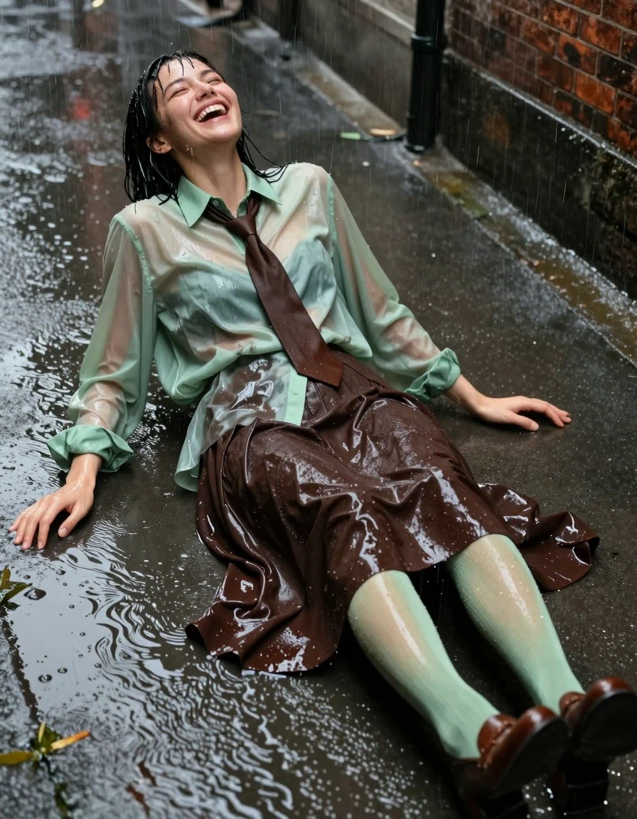 A photorealistic medium-shot of a young adult European woman lying in a puddle in an urban alleyway during a heavy rainstorm. She is wearing an oversized light green long-sleeved shirt that is soaked through, clinging to her frame, with darker patches and heavy folds from the downpour, paired with a brown necktie. She wears a dark brown floor-length skirt that is water-saturated, heavy, and clinging to her legs, layered over light green stockings that are translucent and wet. Her footwear consists of brown court shoes, slick with rainwater. She is captured in a moment of pure joy, laughing with her head tilted back, her hair and skin glistening with water, and her face wet from the rain. The alley environment features wet, reflective pavement, dark brick walls, and a visible downpour. Cinematic lighting, high-contrast, sharp focus on the textures of the soaked fabrics and the glossy sheen of the water, 8k resolution, highly detailed skin texture, realistic water physics.