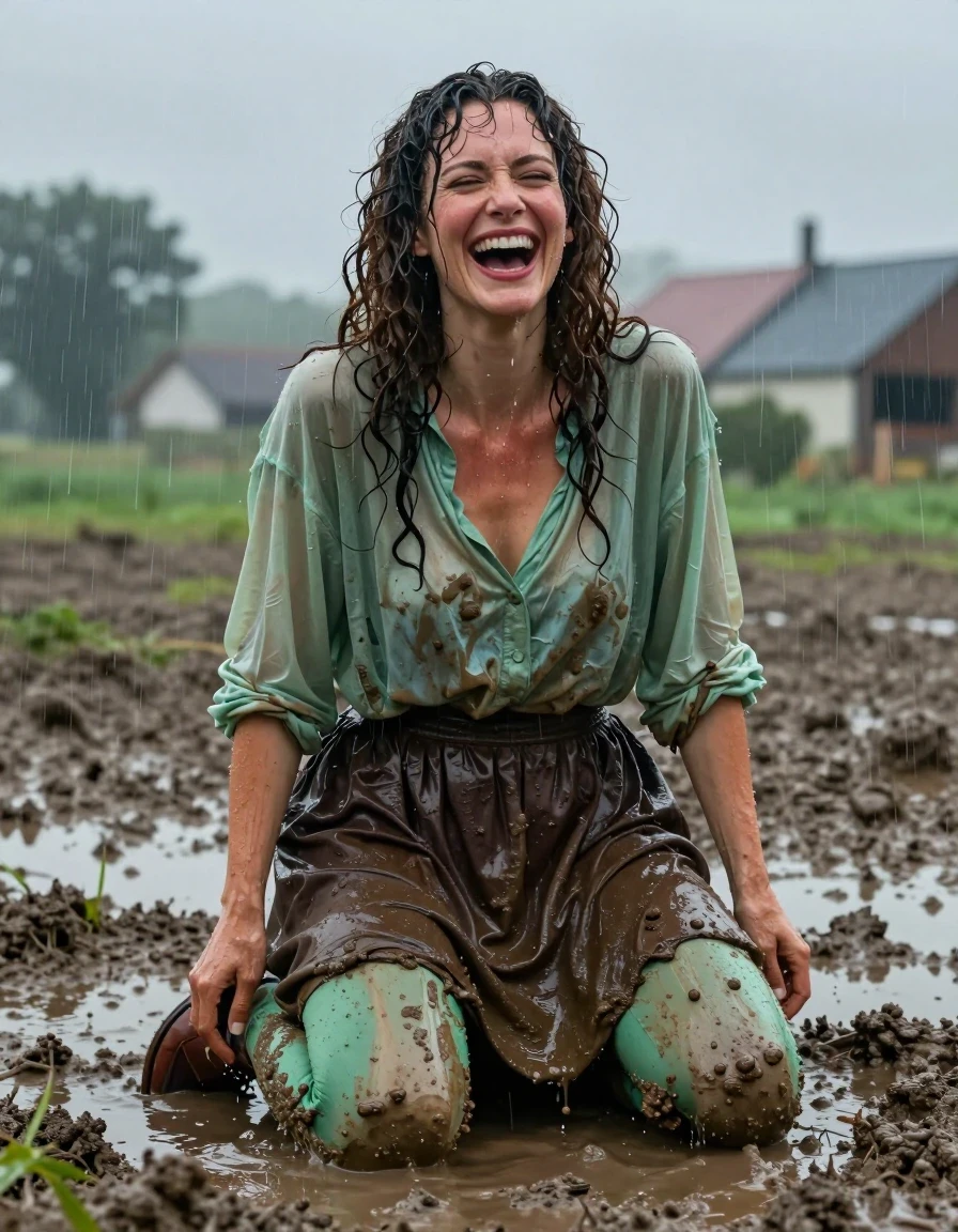 A cinematic, photorealistic full-body shot of a late-30s European woman with voluminous curly brunette hair, captured in a post-orgasmic state with a genuine, joyful laugh, kneeling in the soft mud of a rural village field during a heavy rainstorm. She is wearing an oversized light green long-sleeved shirt, soaked through with rain, clinging to her skin, and a dark brown floor-length skirt that is heavy with water, mud-splattered, and clinging to her legs. Beneath the skirt, her light green stockings are covered in thick, caked mud, with muddy brown court shoes partially submerged in the wet earth. The fabrics are visibly saturated, darkened by the rain, and clinging to her body with heavy, realistic folds and wet textures. Her skin and hair are drenched, with water sheen and rivulets running down her face and neck. The environment is a moody, overcast village field with pouring rain, mud-slicked ground, and atmospheric lighting. High-detail photography, 8k, sharp focus on the textures of the mud, wet fabric, and her expressive, laughing face, capturing the raw, realistic interplay of water and light on skin and textiles.