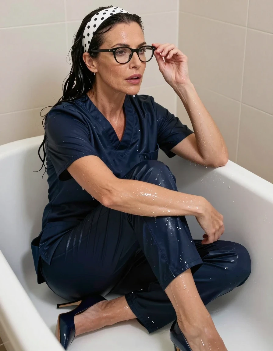 photo of young woman, in soaking wet, drenched clothes,
high-heeled shoes, dark blue shiny scrubs, dark blue shiny scrubs, sitting in the water bathtub, after bath , 
enjoying, wet clothes stuck to body,
detailed textures of the wet clothes, wet face, wet plastered hair,
wet, drenched, professional, high-quality details, full body view.
sharp focus, ultra-high pixel detail, realistic, high-quality, full colors, incredibly detailed, 4k, 8k, 16k, hyper-realistic, RAW photo, masterpiece, ultra-detailed, professionally color graded, professional photograph, europen brunette skinny woman 50 years old, long dark black hair, white polka-dot headband, office glasses, very big and thick lips, complete body, wet skin, wet clothes, damp fabric, wet skin, wet clothes, damp fabric, wet skin, wet clothes, damp fabric, wet skin, wet clothes, damp fabric, wet skin, wet clothes, damp fabric, wet skin, wet clothes, damp fabric, wet skin, wet clothes, damp fabric