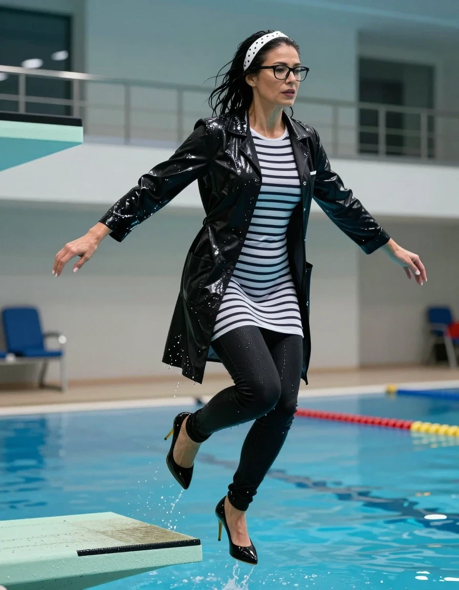 photo of young woman, in soaking wet, drenched clothes,
high-heeled shoes, long black shiny tight jeans, long shiny white & black striped t-shirt dress with long sleeves, black shiny labcoat, jumping from the diving board into the water of the indoor pool, 
enjoying, wet clothes stuck to body,
detailed textures of the wet clothes, wet face, wet plastered hair,
wet, drenched, professional, high-quality details, full body view.
sharp focus, ultra-high pixel detail, realistic, high-quality, full colors, incredibly detailed, 4k, 8k, 16k, hyper-realistic, RAW photo, masterpiece, ultra-detailed, professionally color graded, professional photograph, europen brunette skinny woman 50 years old, long dark black hair, white polka-dot headband, office glasses, very big and thick lips, complete body, wet skin, wet clothes, damp fabric, wet skin, wet clothes, damp fabric, wet skin, wet clothes, damp fabric, wet skin, wet clothes, damp fabric, wet skin, wet clothes, damp fabric, wet skin, wet clothes, damp fabric, wet skin, wet clothes, damp fabric