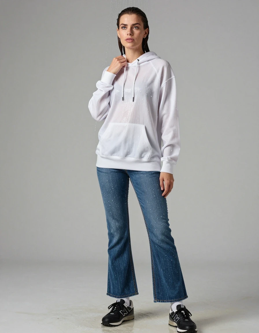 photo of young woman, in soaking wet, drenched clothes,
black new balance sneakers, white socks socks, blue bell jeans, white hoodie, shower, 
enjoying, wet clothes stuck to body,
detailed textures of the wet clothes, wet face, wet plastered hair,
wet, drenched, professional, high-quality details, full body view.
sharp focus, ultra-high pixel detail, realistic, high-quality, full colors, incredibly detailed, 4k, 8k, 16k, hyper-realistic, RAW photo, masterpiece, ultra-detailed, professionally color graded, professional photograph, standing under shower, wet skin, wet clothes, damp fabric