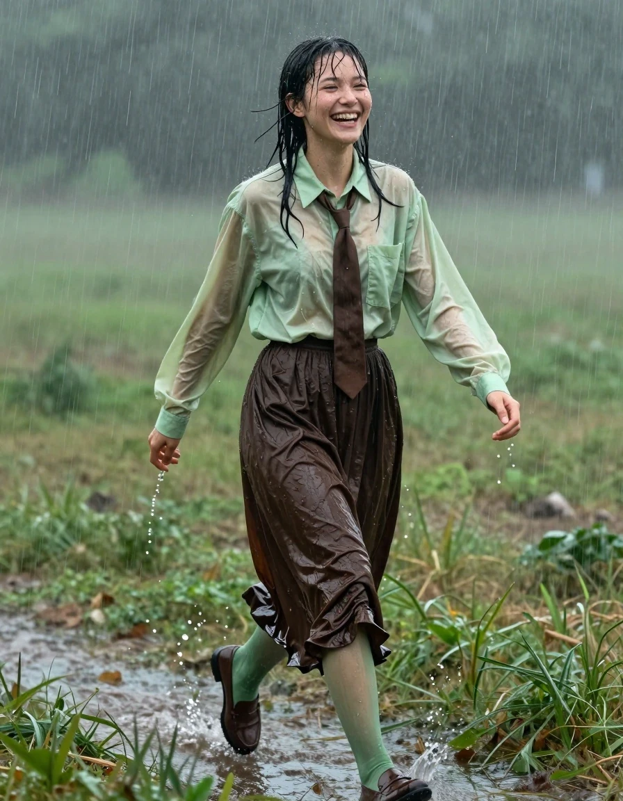 A photorealistic full-body shot of a young adult European woman with wet, rain-streaked skin and damp hair, walking joyfully through an empty field during a heavy rainstorm. She is wearing an oversized light green long-sleeved shirt with a brown necktie, paired with a dark brown floor-length skirt that is heavily soaked and clinging to her legs, revealing deep, saturated fabric tones and heavy wet folds. Underneath, she wears light green stockings that appear translucent and damp from the downpour. She wears brown court shoes that are slick with water. The clothing exhibits realistic wetness: dark, heavy fabric, clinging textures, and visible water sheen. She is captured in mid-stride, laughing with genuine delight, her face wet with rain. The environment is a vast, misty field under a dark, overcast sky, with visible rain streaks and water splashing around her feet. High-detail photography, cinematic lighting, sharp focus on the textures of the wet fabric and skin, natural motion blur of falling rain, hyper-realistic water reflections.