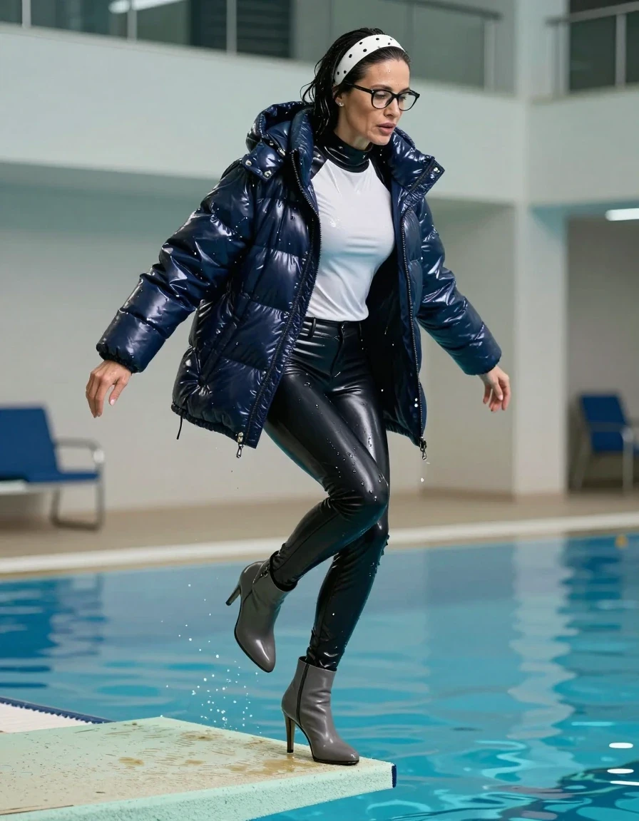 photo of young woman, in soaking wet, drenched clothes,
high-heeled gray boots, shiny dark black latex skinny jeans, shiny high-neck white and black t-shirt, maxi dark blue Shiny puffer latex down jacket , jumping from the diving board into the water of the indoor pool, 
enjoying, wet clothes stuck to body,
detailed textures of the wet clothes, wet face, wet plastered hair,
wet, drenched, professional, high-quality details, full body view.
sharp focus, ultra-high pixel detail, realistic, high-quality, full colors, incredibly detailed, 4k, 8k, 16k, hyper-realistic, RAW photo, masterpiece, ultra-detailed, professionally color graded, professional photograph, european brunette skinny woman 50 years old, long dark black hair, white polka-dot headband, office glasses, very big and thick lips, complete body, wet skin, wet clothes, damp fabric, wet skin, wet clothes, damp fabric, wet skin, wet clothes, damp fabric, wet skin, wet clothes, damp fabric, wet skin, wet clothes, damp fabric, wet skin, wet clothes, damp fabric, wet skin, wet clothes, damp fabric