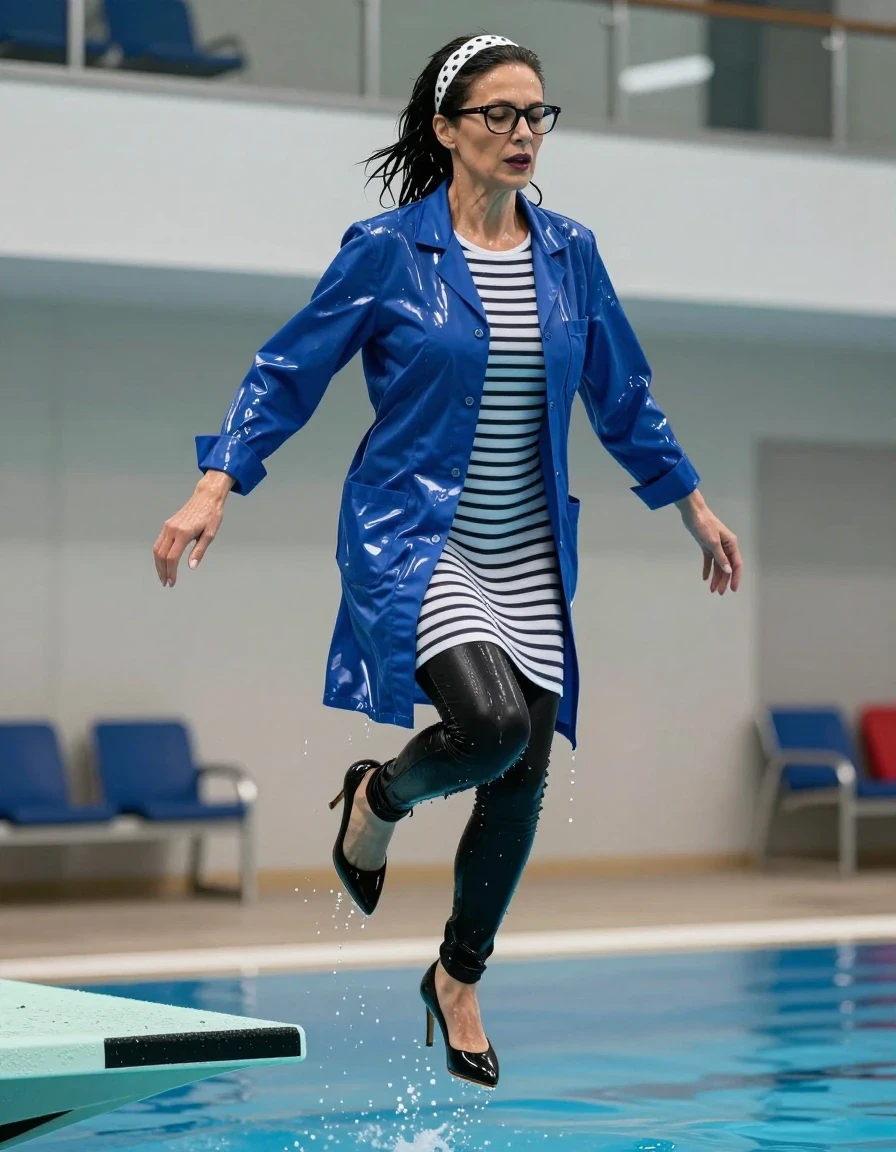 photo of young woman, in soaking wet, drenched clothes,
high-heeled shoes, long black shiny tight jeans, long shiny white & black striped t-shirt dress with long sleeves, blue shiny labcoat, jumping from the diving board into the water of the indoor pool, 
enjoying, wet clothes stuck to body,
detailed textures of the wet clothes, wet face, wet plastered hair,
wet, drenched, professional, high-quality details, full body view.
sharp focus, ultra-high pixel detail, realistic, high-quality, full colors, incredibly detailed, 4k, 8k, 16k, hyper-realistic, RAW photo, masterpiece, ultra-detailed, professionally color graded, professional photograph, europen brunette skinny woman 50 years old, long dark black hair, white polka-dot headband, office glasses, very big and thick lips, complete body, wet skin, wet clothes, damp fabric, wet skin, wet clothes, damp fabric, wet skin, wet clothes, damp fabric, wet skin, wet clothes, damp fabric, wet skin, wet clothes, damp fabric, wet skin, wet clothes, damp fabric, wet skin, wet clothes, damp fabric