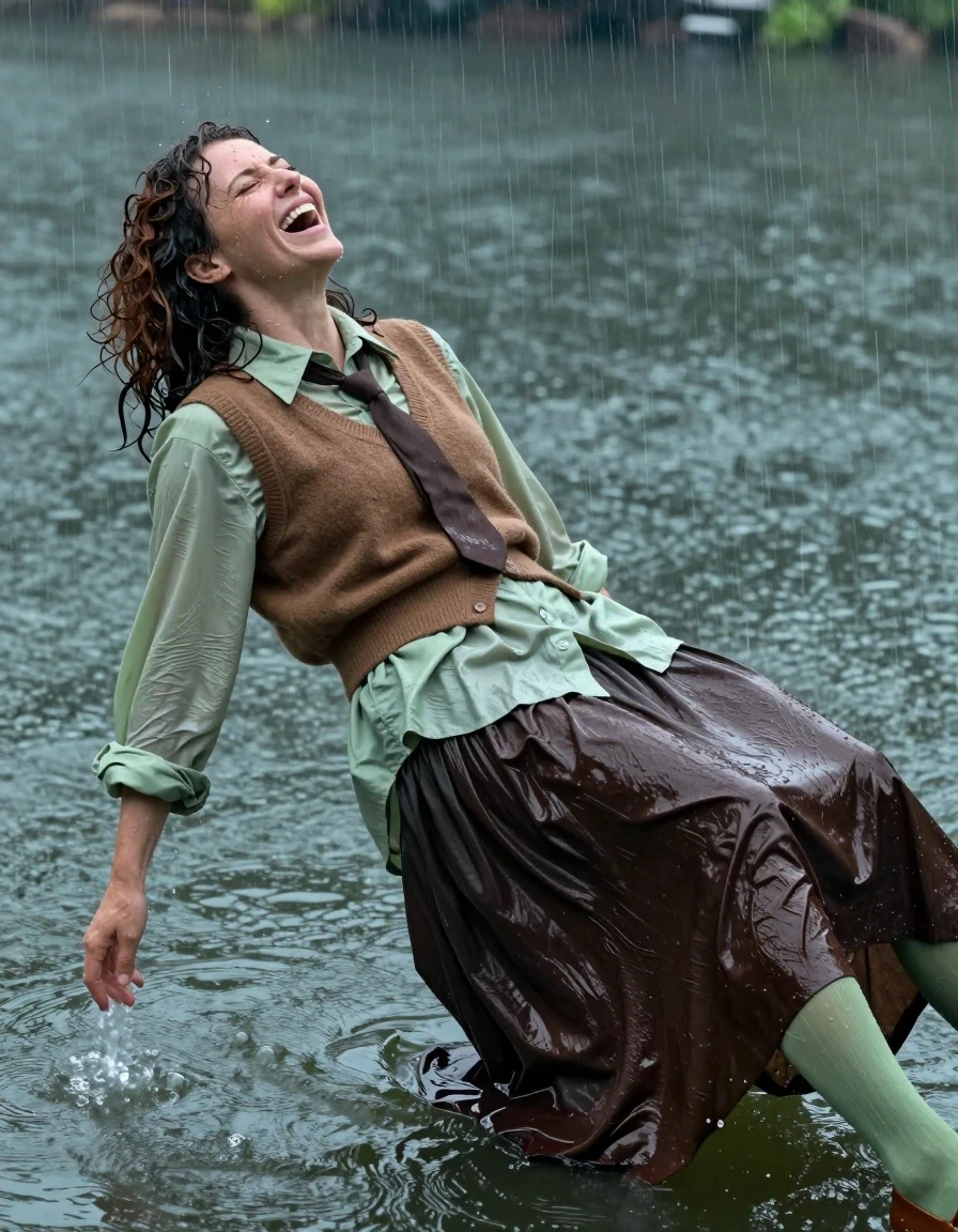 A photorealistic, highly detailed shot of a late-30s European woman with voluminous curly brunette hair, captured in a moment of ecstatic laughter with a post-orgasmic expression. She is falling backward into a dark lake during a heavy rainstorm. Her skin is glistening with wetness, with water droplets clinging to her face and shoulders. She is wearing an oversized light green long-sleeved shirt layered under a brown cashmere vest, with a brown necktie knotted at the collar. Below, she wears a dark brown floor-length skirt over light green stockings, and brown court shoes. All fabrics are heavily soaked, clinging to her body with realistic weight, darkening in color, and showing deep, saturated folds and clinging textures. The rain creates a constant spray and ripples across the water surface, with intense specular highlights on her wet skin and the damp, heavy fabric of her clothing. Cinematic lighting with cool, moody tones, sharp focus on her joyful face, high-speed photography capturing the motion of the water, hyper-realistic textures, 8k resolution, professional photography.