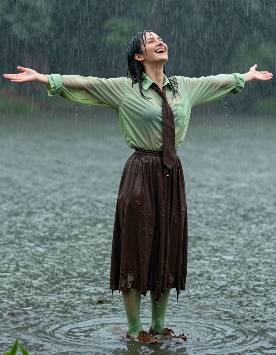 A photorealistic medium shot of a young adult European woman standing in a lake submerged to her knees, caught in a heavy rainstorm. She is laughing joyfully with her arms wide open, face tilted toward the sky. She wears an oversized light green long-sleeved shirt with a brown necktie, and a dark brown floor-length skirt. Underneath, she wears light green stockings that are soaked and clinging to her legs, paired with muddy brown court shoes caked in wet earth. Her wet skin glows with a realistic water sheen, and her hair is plastered to her face and shoulders by the downpour. The fabric of her shirt and skirt is visibly damp, darkened by saturation, clinging to her frame with heavy, realistic wet folds and textures. The water of the lake ripples around her knees, and the atmosphere is filled with a dense, misty rain. Cinematic lighting captures the specular reflections on her wet skin and the saturated, heavy textures of her drenched clothing. High-resolution, 8k, sharp focus, photographic detail, realistic water physics.