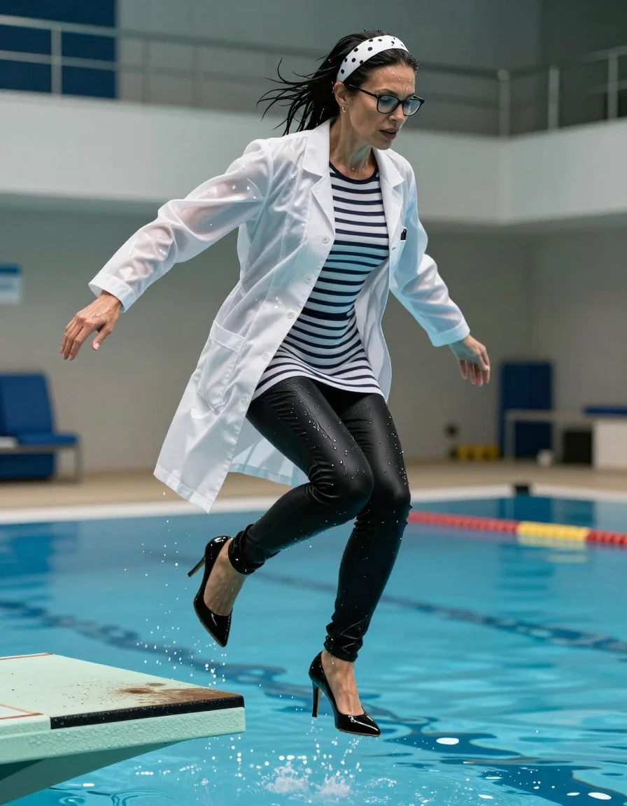photo of young woman, in soaking wet, drenched clothes,
high-heeled shoes, long black shiny tight jeans, long shiny white & black striped t-shirt dress with long sleeves, white shiny labcoat, jumping from the diving board into the water of the indoor pool, 
enjoying, wet clothes stuck to body,
detailed textures of the wet clothes, wet face, wet plastered hair,
wet, drenched, professional, high-quality details, full body view.
sharp focus, ultra-high pixel detail, realistic, high-quality, full colors, incredibly detailed, 4k, 8k, 16k, hyper-realistic, RAW photo, masterpiece, ultra-detailed, professionally color graded, professional photograph, europen brunette skinny woman 50 years old, long dark black hair, white polka-dot headband, office glasses, very big and thick lips, complete body, wet skin, wet clothes, damp fabric, wet skin, wet clothes, damp fabric, wet skin, wet clothes, damp fabric, wet skin, wet clothes, damp fabric, wet skin, wet clothes, damp fabric, wet skin, wet clothes, damp fabric, wet skin, wet clothes, damp fabric