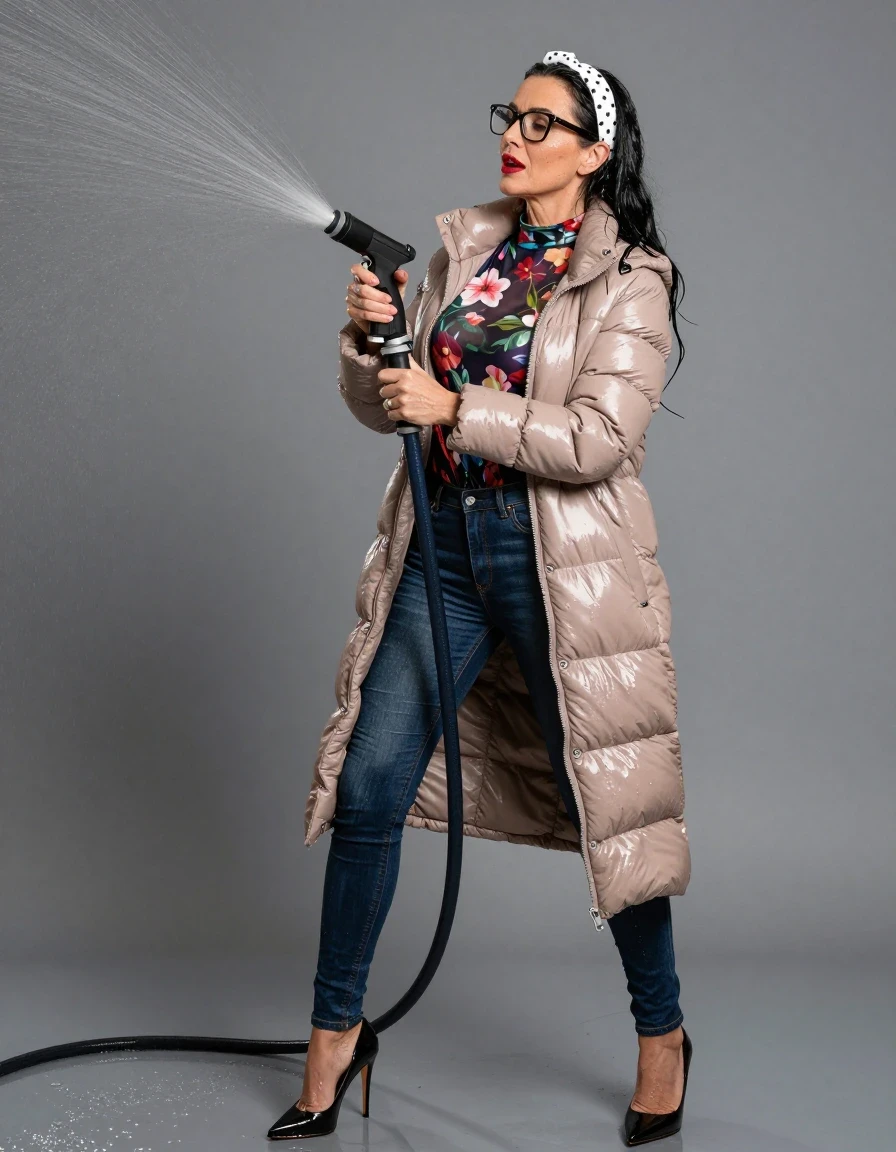 photo of young woman, in soaking wet, drenched clothes,
high-heeled shoes, shiny dark blue skinny jeans, shiny high-neck floral t-shirt with long sleeves, maxi light brown shiny down jacket, pouring water with the hose on, 
enjoying, wet clothes stuck to body,
detailed textures of the wet clothes, wet face, wet plastered hair,
wet, drenched, professional, high-quality details, full body view.
sharp focus, ultra-high pixel detail, realistic, high-quality, full colors, incredibly detailed, 4k, 8k, 16k, hyper-realistic, RAW photo, masterpiece, ultra-detailed, professionally color graded, professional photograph, european brunette skinny woman 50 years old, long dark black hair, white polka-dot headband, office glasses, very big and thick lips, complete body, wet skin, wet clothes, damp fabric, wet skin, wet clothes, damp fabric, wet skin, wet clothes, damp fabric, wet skin, wet clothes, damp fabric, wet skin, wet clothes, damp fabric, wet skin, wet clothes, damp fabric, wet skin, wet clothes, damp fabric