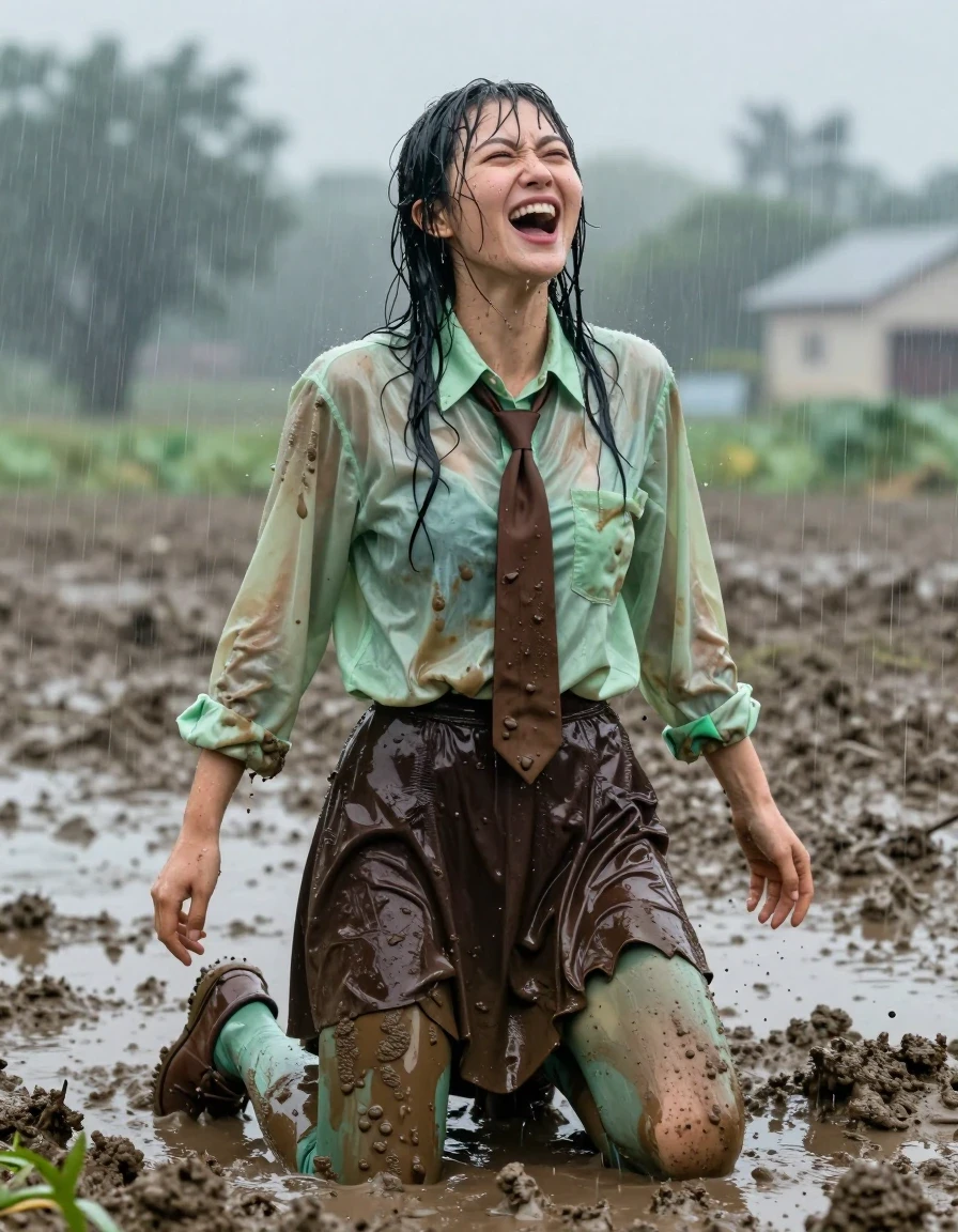 A photorealistic medium shot of a young adult European woman in the middle of a torrential rainstorm in muddy village fields. She is kneeling in the thick, churned mud, her expression intense with an ecstatic, orgasmic release. She is wearing an oversized light green long-sleeved shirt that is soaked through, clinging to her skin with heavy, dark, water-saturated patches and dripping with rainwater, paired with a neat brown necktie. Her dark brown floor-length skirt is heavy with water, caked in mud, and draped in wet, clinging folds. Underneath, her light green stockings are translucent from the rain, stained with dark brown mud splatters and clinging to her legs. She wears muddy brown court shoes that are partially submerged in the wet earth. Her skin and hair are drenched, glistening with water sheen and rivulets of rain. The atmosphere is gloomy and overcast, with heavy rain streaks visible in the air, creating strong specular highlights on her wet clothing and skin. The scene is captured with a high-shutter-speed camera, focusing on the texture of the wet fabric, the mud, and the raw emotion of the subject.
