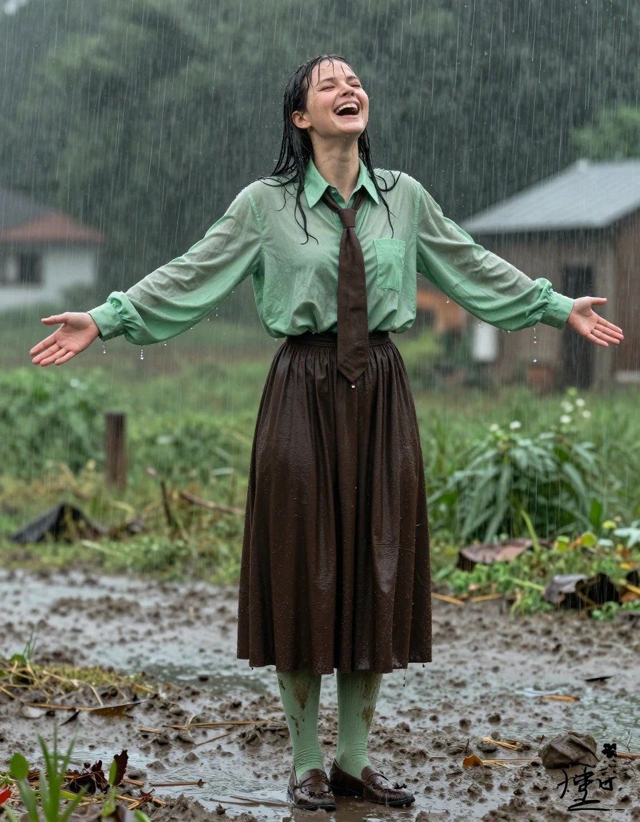A photorealistic shot of a young adult European woman standing in a lush village field during a heavy rainstorm. She is wearing an oversized light green long-sleeved shirt with a brown necktie, a dark brown floor-length skirt, and muddy light green stockings, completed with muddy brown court shoes. Her clothing is thoroughly soaked, with the fabric darkened by water, clinging to her frame, and showing heavy wet folds and a distinct damp texture. Her skin and hair are glistening with rain, featuring visible water sheen and droplets. She is captured standing with her arms wide open, head tilted back, laughing joyfully as she embraces the downpour. The environment is atmospheric and gloomy, with blurred rain streaks and saturated, muddy ground. High-detail photography, cinematic lighting, realistic wet-look textures, sharp focus on the subject, 8k resolution, hyper-realistic water physics.