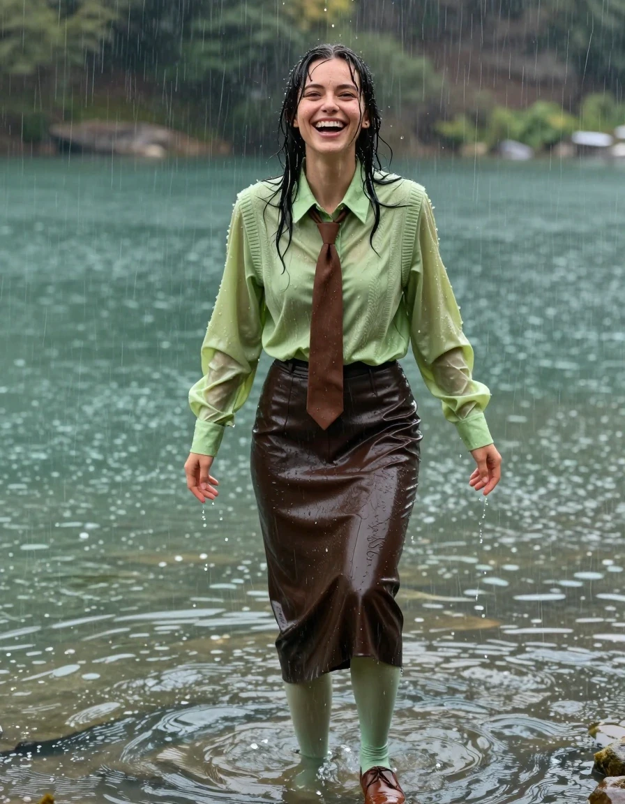 photo of young woman, in soaking wet, drenched clothes,
brown court shoes, dark brown leather floor-length skirt, light green stockings, cashmere vest, oversized light green long-sleeved shirt, brown necktie, druing rainstorm in a crystal clear lake submerged to her waist, 
enjoying, wet clothes stuck to body,
detailed textures of the wet clothes, wet face, wet plastered hair,
wet, drenched, professional, high-quality details, full body view.
sharp focus, ultra-high pixel detail, realistic, high-quality, full colors, incredibly detailed, 4k, 8k, 16k, hyper-realistic, RAW photo, masterpiece, ultra-detailed, professionally color graded, professional photograph, laughing joyfully, enjoying the rain, wet skin, wet clothes, damp fabric, wet skin, wet clothes, damp fabric
