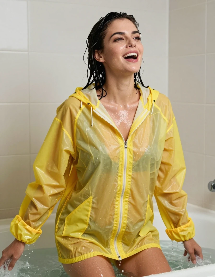 photo of young woman, in soaking wet, drenched clothes,
No socks , No underwear , Bright yellow see  through Oversized ultra light weight rainjacket zipped up. , In the over flowing bath tub soaking wet  emerging from beneath the water. , 
enjoying, wet clothes stuck to body,
detailed textures of the wet clothes, wet face, wet plastered hair,
wet, drenched, professional, high-quality details, full body view.
sharp focus, ultra-high pixel detail, realistic, high-quality, full colors, incredibly detailed, 4k, 8k, 16k, hyper-realistic, RAW photo, masterpiece, ultra-detailed, professionally color graded, professional photograph, Her black  hair is soaking wet and dripping with water. Her hair slicked back.  Her clothes are soaking wet and cling to her nude form. She's very aroused and happy, wet skin, wet clothes, damp fabric, wet skin, wet clothes, damp fabric