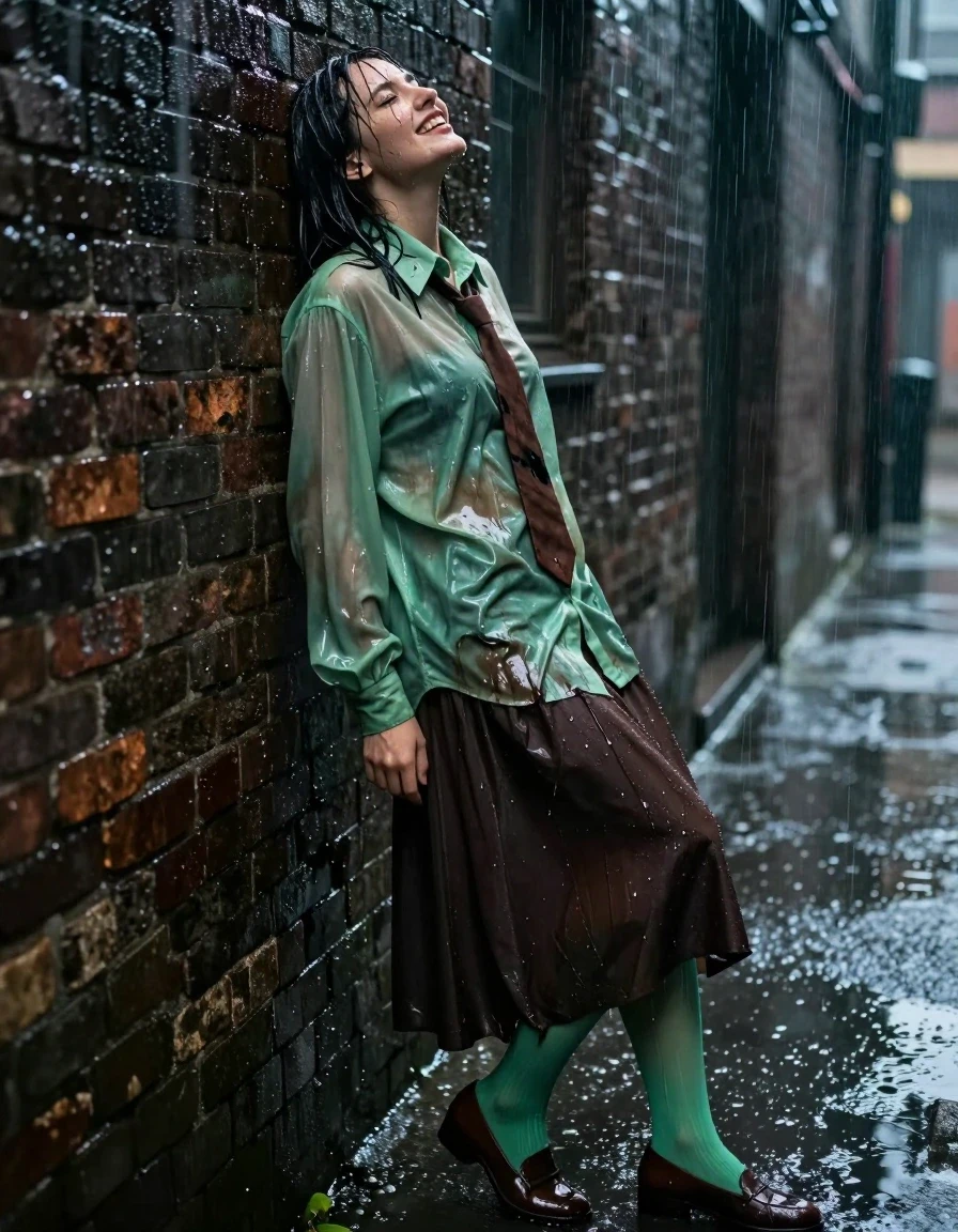 A photorealistic medium shot of a young adult European woman in an alley during a heavy rainstorm at night. She is leaning against a damp, dark brick wall, her expression one of intense, blissful release as she experiences an orgasm. Her skin is glistening with rain, and her hair is wet and plastered to her face and shoulders. She wears an oversized light green long-sleeved shirt that is soaked through, clinging to her body with heavy, wet folds and darkening in saturation. Underneath, she wears a floor-length dark brown skirt that is heavy with water, clinging to her legs, and light green stockings that are translucent and saturated with moisture. She wears brown court shoes that are slick with rainwater. A brown necktie is knotted at her collar, darkened and weighed down by the rain. The alley environment features wet, reflective pavement, puddles, and a downpour of rain caught in the dim, moody ambient lighting. High-contrast cinematic lighting, water droplets cascading down her skin and fabric, hyper-realistic textures, 8k resolution, sharp focus on the subject's face and drenched clothing, wet sheen, atmospheric depth.