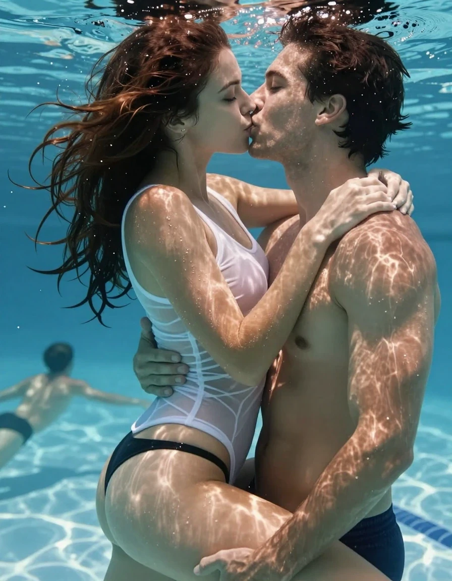 A photorealistic cinematic shot of a young adult European woman with wet brown skin, her hair soaked and clinging to her face and scalp, wearing a sheer, soaking-wet white tank top that is translucent and clinging to her body, paired with a black thong. She is underwater in an indoor pool, intimately embracing a man and kissing him lasciviously and seductively on his swim trunks. The scene captures the wet textures of skin and fabric, with water sheen and light refraction through the pool water. In the background, other people are visible swimming in the pool. The atmosphere is erotic and seductive, with sharp focus on the subjects, high-contrast lighting, water-saturated details, realistic skin textures, and professional underwater photography.