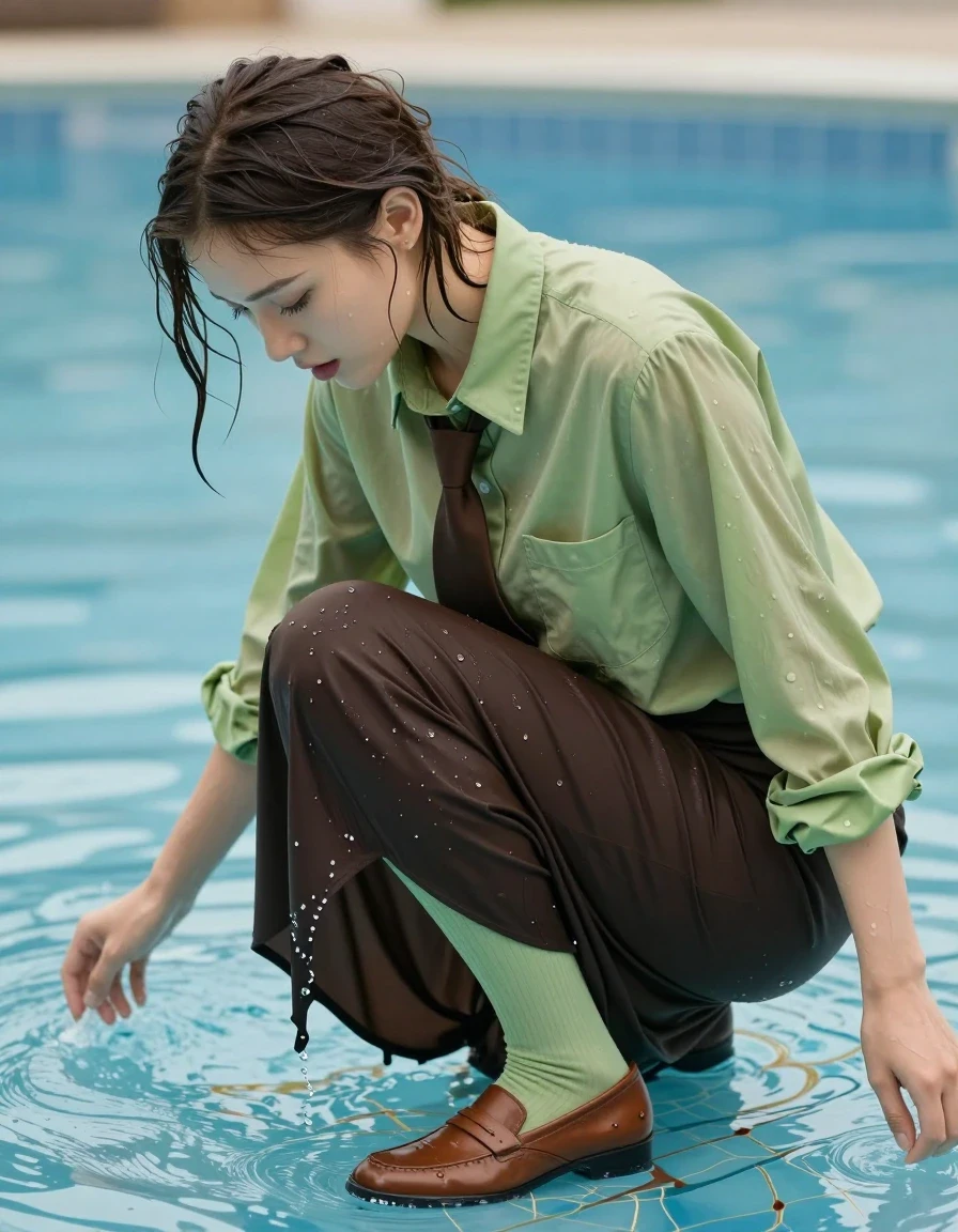 photo of young woman, in soaking wet, drenched clothes,
brown court shoes, dark brown floor-length skirt, light green stockings, oversized light green long-sleeved shirt, brown necktie, in a pool, 
enjoying, wet clothes stuck to body,
detailed textures of the wet clothes, wet face, wet plastered hair,
wet, drenched, professional, high-quality details, full body view.
sharp focus, ultra-high pixel detail, realistic, high-quality, full colors, incredibly detailed, 4k, 8k, 16k, hyper-realistic, RAW photo, masterpiece, ultra-detailed, professionally color graded, professional photograph, masturbating in the water, wet skin, wet clothes, damp fabric