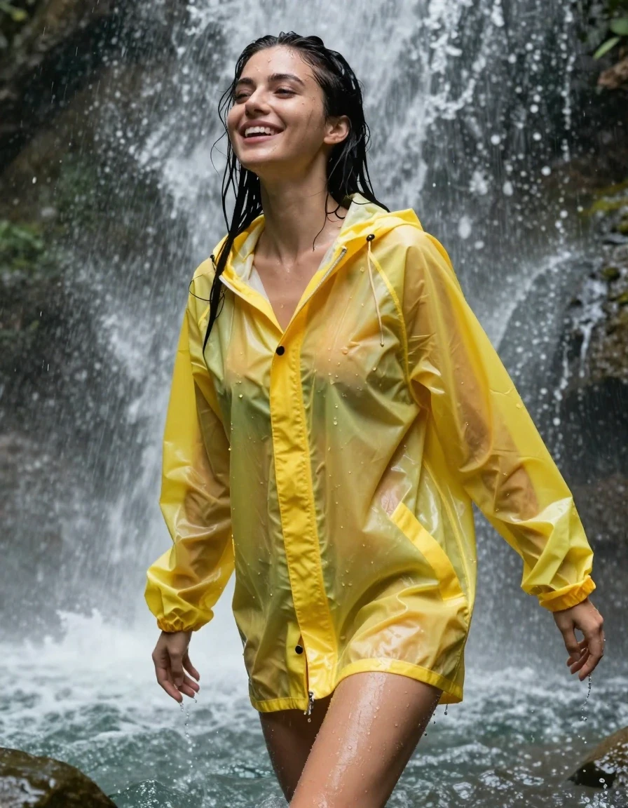 photo of young woman, in soaking wet, drenched clothes,
No socks , No underwear , Bright yellow see  through Oversized ultra light weight latex rainjacket zipped up. , In the over flowing waterfall tub soaking wet  emerging from beneath the water. , 
enjoying, wet clothes stuck to body,
detailed textures of the wet clothes, wet face, wet plastered hair,
wet, drenched, professional, high-quality details, full body view.
sharp focus, ultra-high pixel detail, realistic, high-quality, full colors, incredibly detailed, 4k, 8k, 16k, hyper-realistic, RAW photo, masterpiece, ultra-detailed, professionally color graded, professional photograph, Her black  hair is soaking wet and dripping with water. Her hair slicked back.  Her clothes are soaking wet and cling to her completely nude form. She's very aroused and happy, wet skin, wet clothes, damp fabric, wet skin, wet clothes, damp fabric
