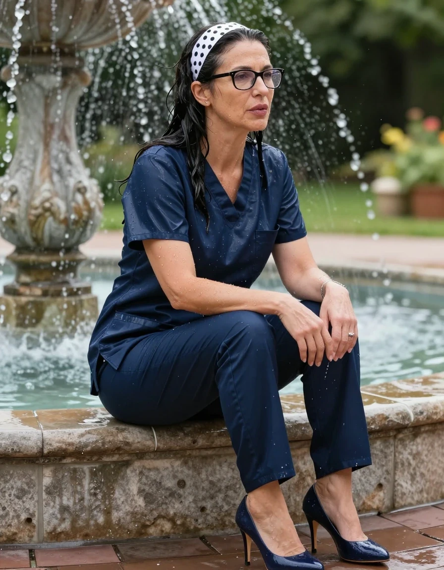 photo of young woman, in soaking wet, drenched clothes,
high-heeled shoes, dark blue shiny scrubs, dark blue shiny scrubs, sitting in the sunny garden fountain, after bath , 
enjoying, wet clothes stuck to body,
detailed textures of the wet clothes, wet face, wet plastered hair,
wet, drenched, professional, high-quality details, full body view.
sharp focus, ultra-high pixel detail, realistic, high-quality, full colors, incredibly detailed, 4k, 8k, 16k, hyper-realistic, RAW photo, masterpiece, ultra-detailed, professionally color graded, professional photograph, europen brunette skinny woman 50 years old, long dark black hair, white polka-dot headband, office glasses, very big and thick lips, complete body, wet skin, wet clothes, damp fabric, wet skin, wet clothes, damp fabric, wet skin, wet clothes, damp fabric, wet skin, wet clothes, damp fabric, wet skin, wet clothes, damp fabric, wet skin, wet clothes, damp fabric, wet skin, wet clothes, damp fabric